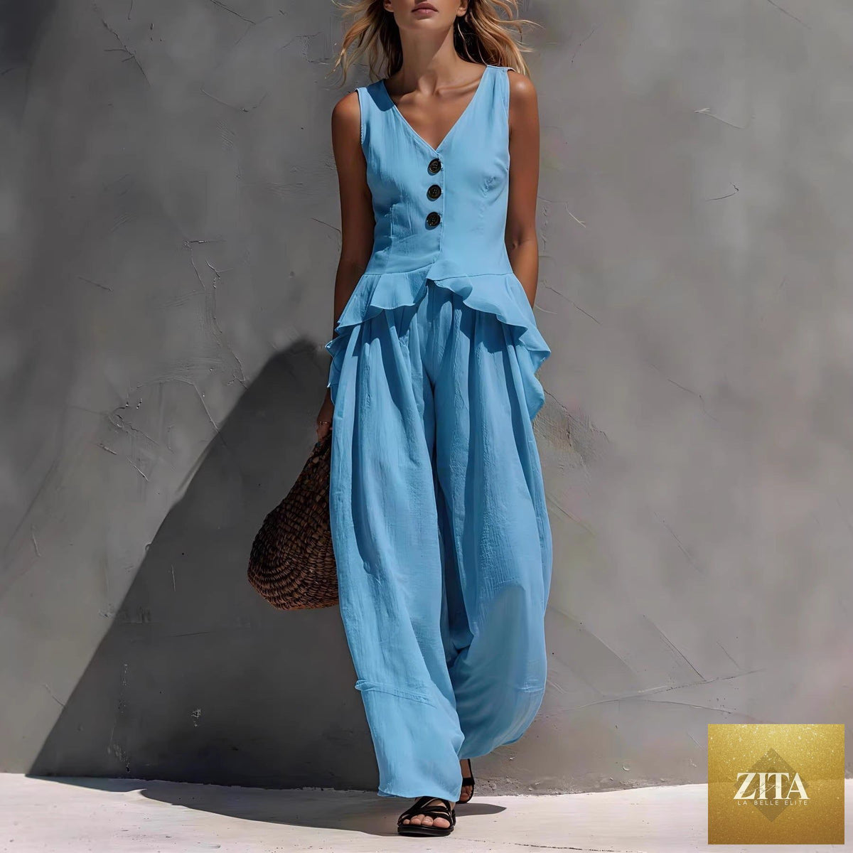 Zita La Belle Elite casualwear ruffled tank top and draping wide-leg pants set in multiple colors, size S to 3XL, on a model.