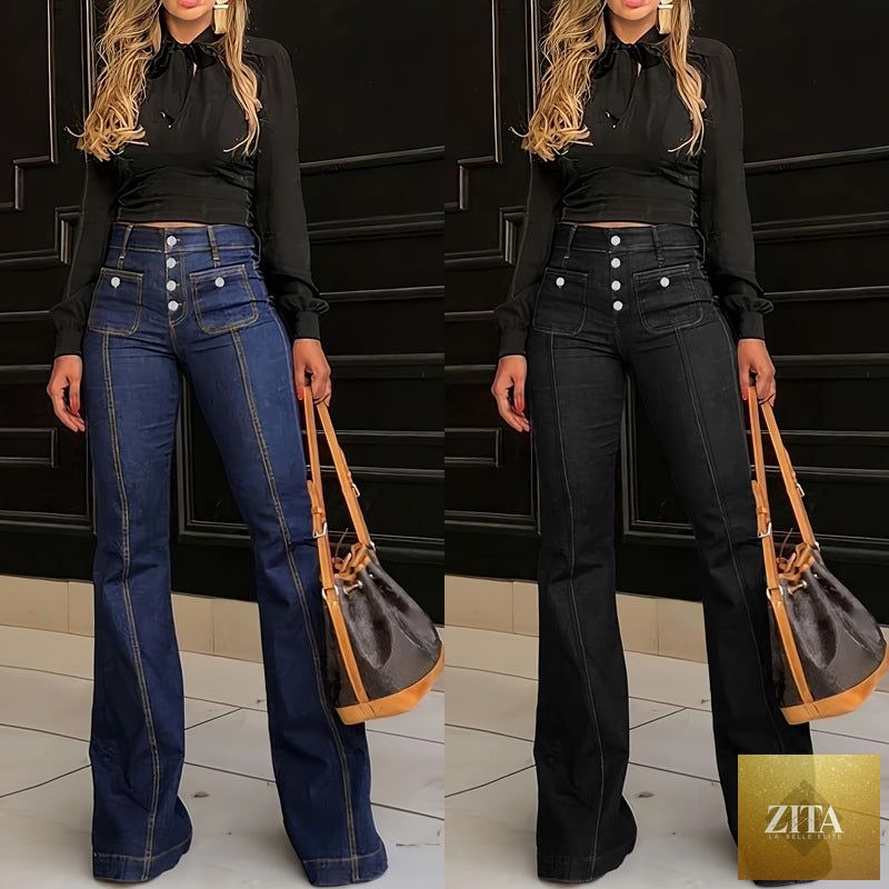 Women's patchwork slim fit flared jeans from The Fashion Celestial, showing stretch denim with a fitted and flared design.