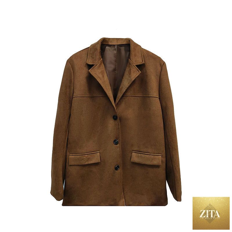 FitiqueFit suede-look blazer jacket with v-notch lapel and button-front, casual coat ideal for stylish, comfortable wear.