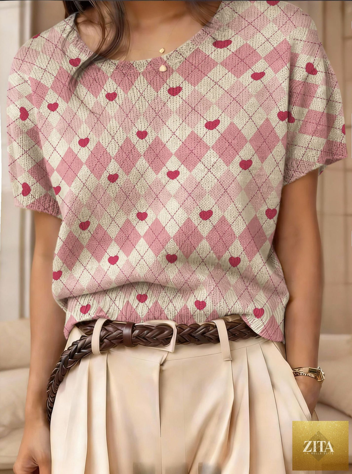 Women's retro short-sleeve jacquard knit top by Zita La Belle Elite, featuring a stylish pattern and casual fit.