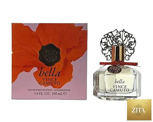 Mandotos Bella Essence by Vince Camuto women's perfume bottle with elegant floral design and pink accents.