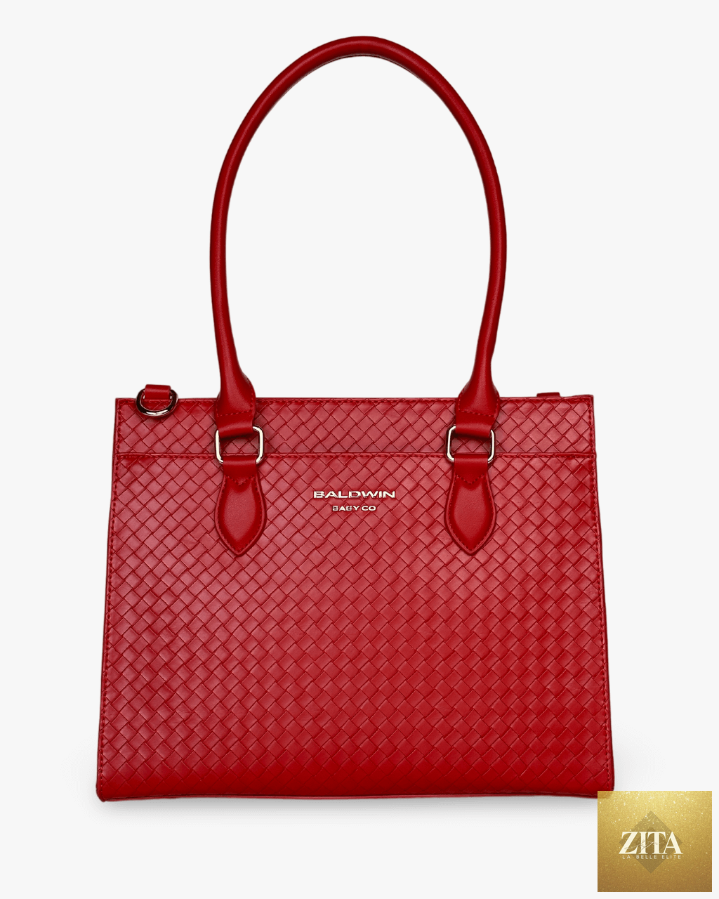 Baldwin Baby Company Montrose Diaper Bag Tote in cardinal red, front view showing spacious design and sturdy handles.