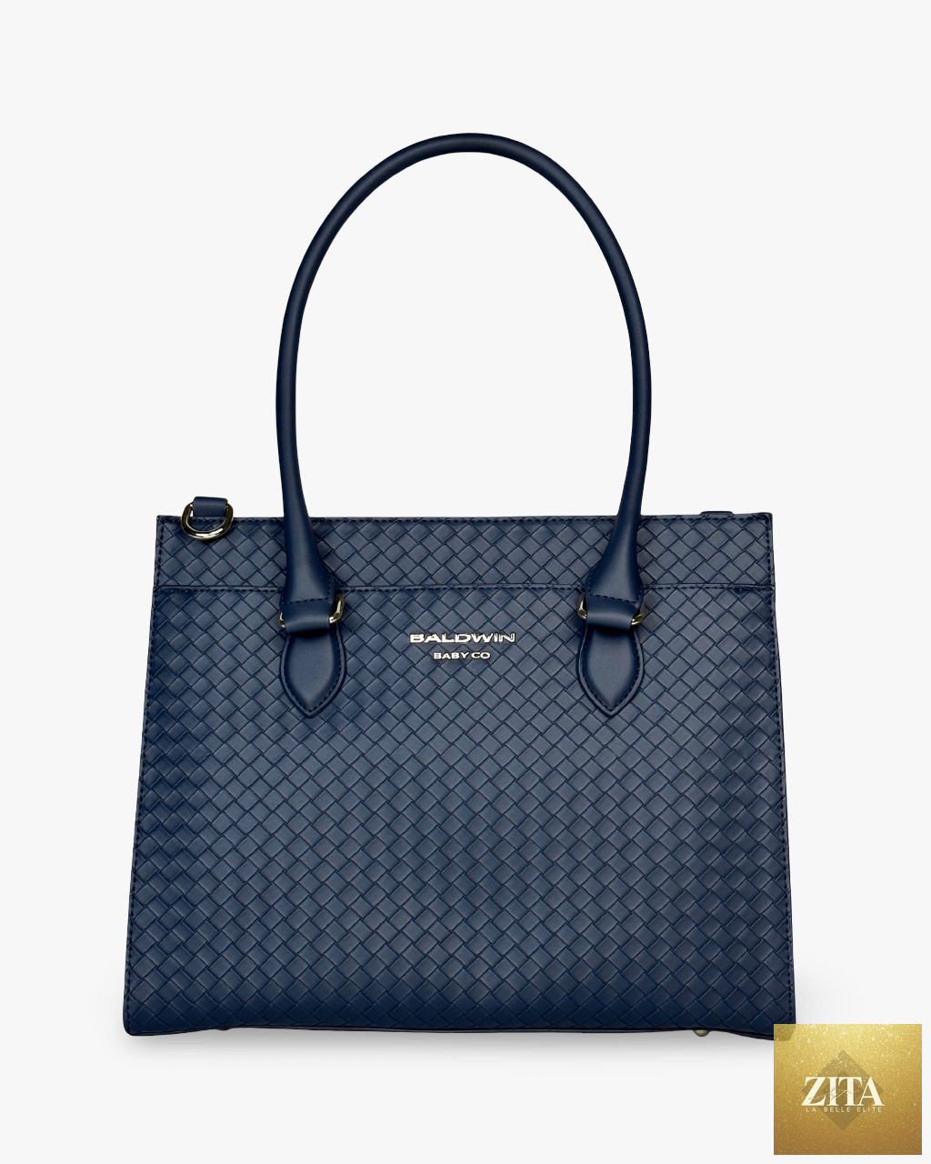 Cobalt Baldwin Baby Company Montrose Diaper Bag Tote with front pocket and adjustable straps, stylish and functional for parents.