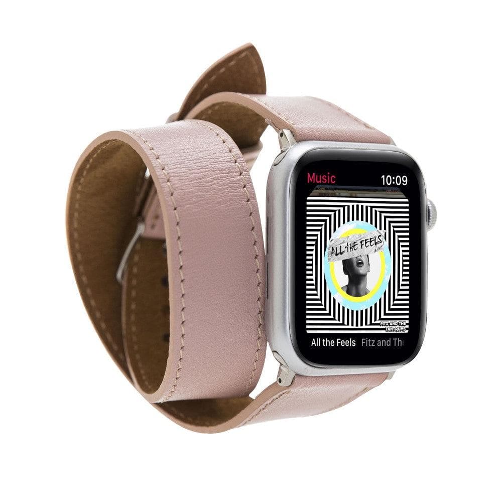 Leather Apple Watch band by LEATHERE, double wrap pink leather strap for Apple Watch, stylish and luxurious accessory.
