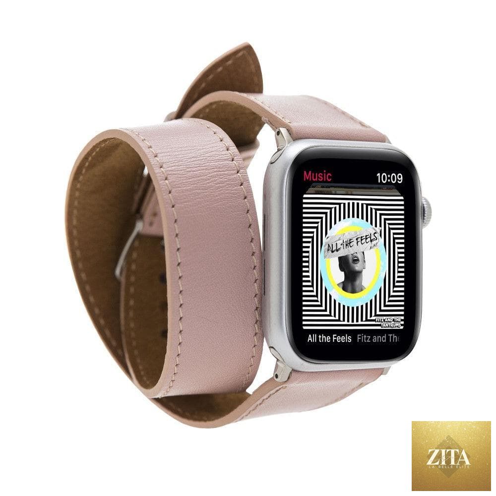 Leather Apple Watch band by LEATHERE, double wrap pink leather strap for Apple Watch, stylish and luxurious accessory.