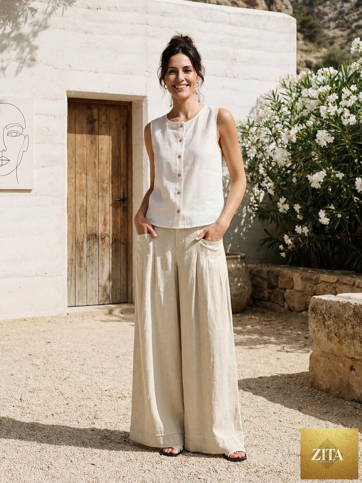 100% Linen Sculpted Pleat Elasticated Back Relaxed Pants VERIDIANA