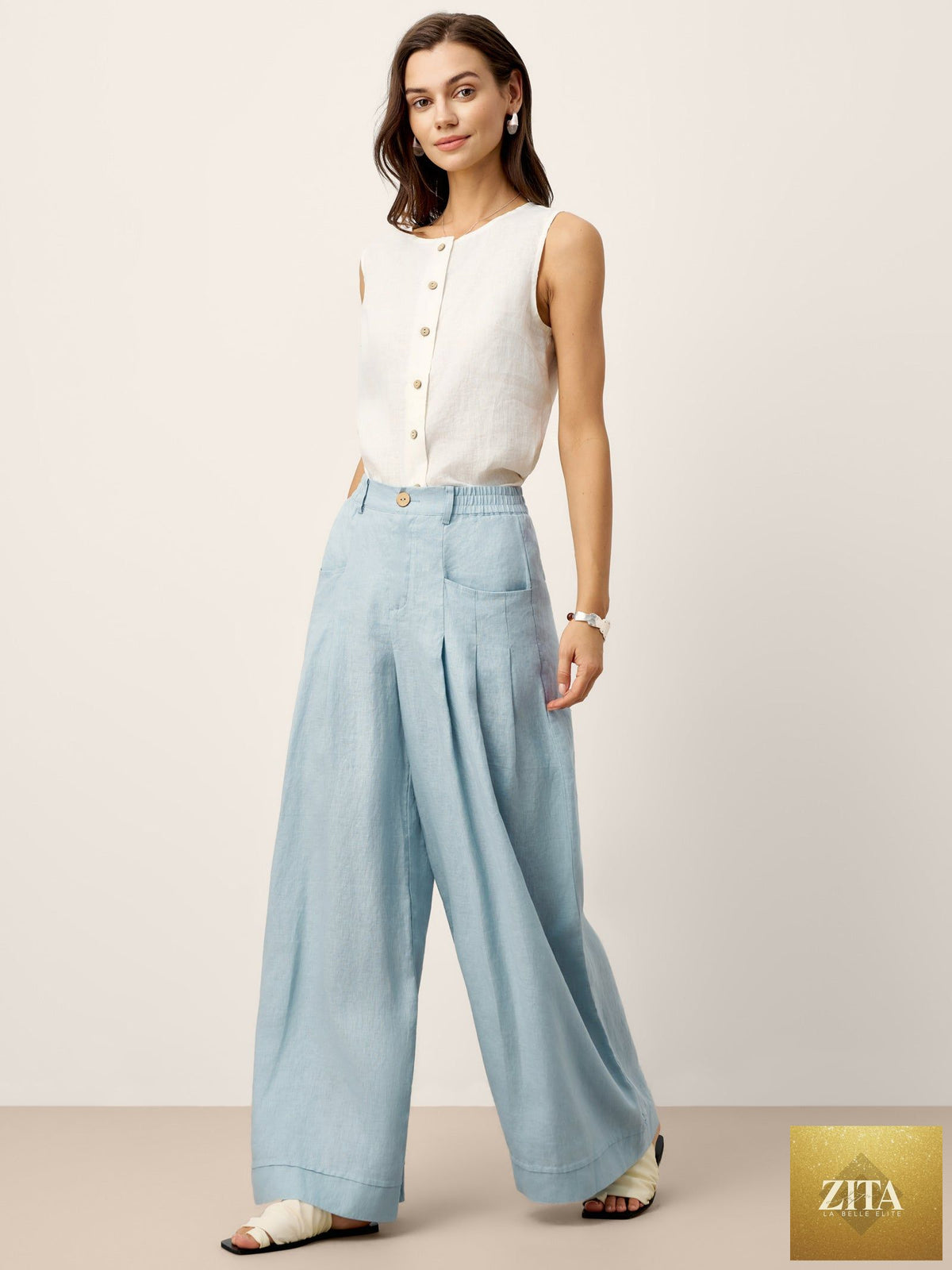 100% Linen Sculpted Pleat Elasticated Back Relaxed Pants VERIDIANA