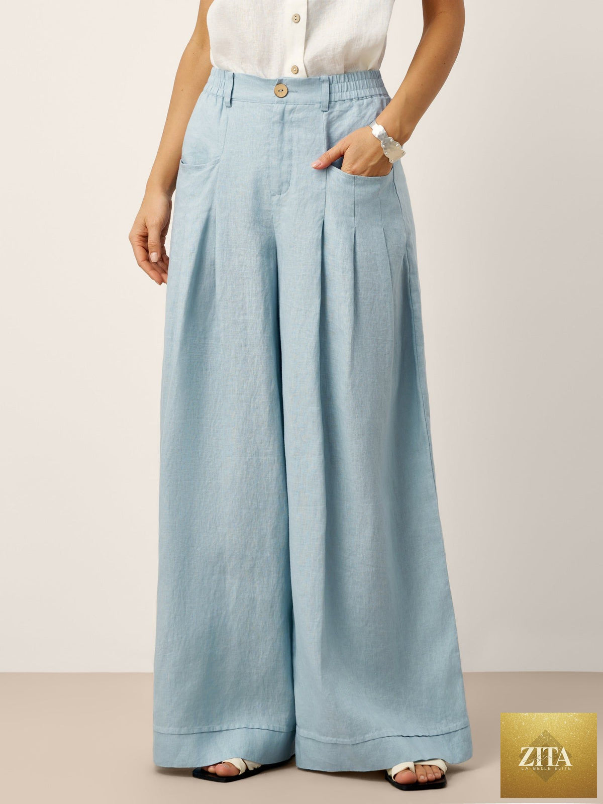 100% Linen Sculpted Pleat Elasticated Back Relaxed Pants VERIDIANA