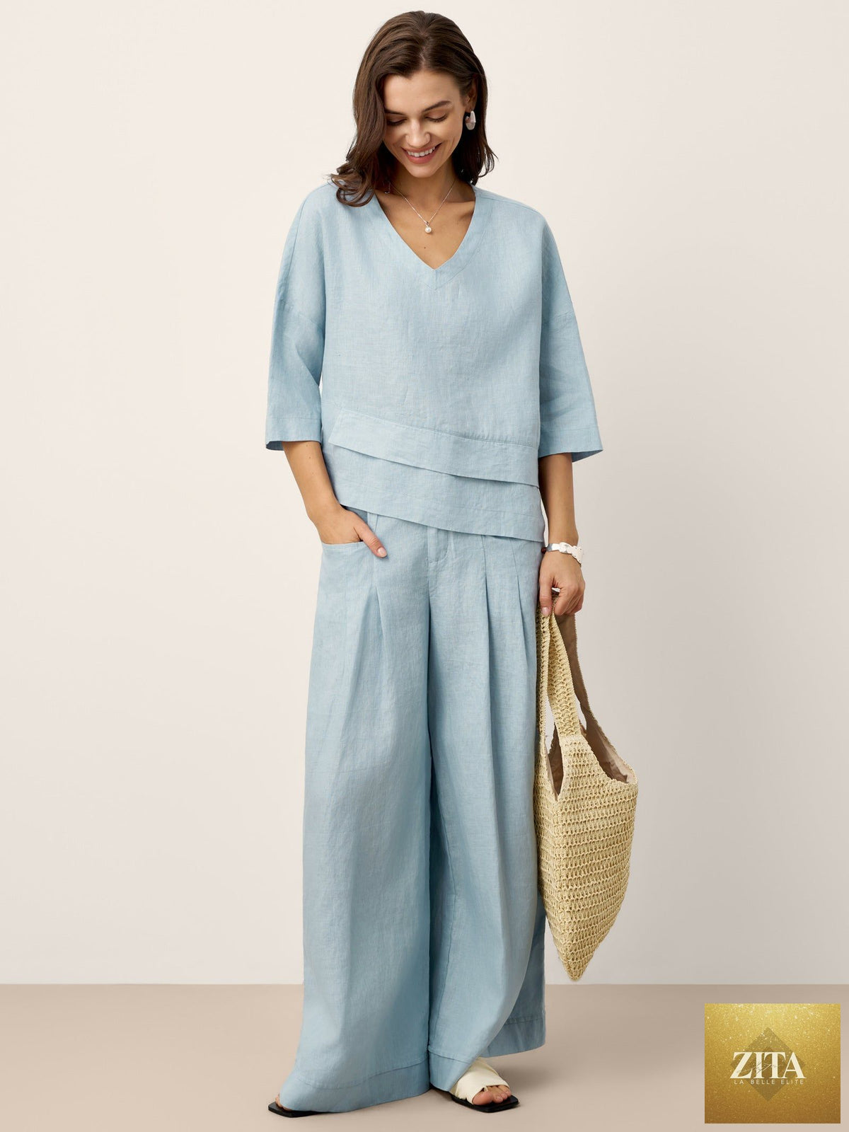 100% Linen Sculpted Pleat Elasticated Back Relaxed Pants VERIDIANA