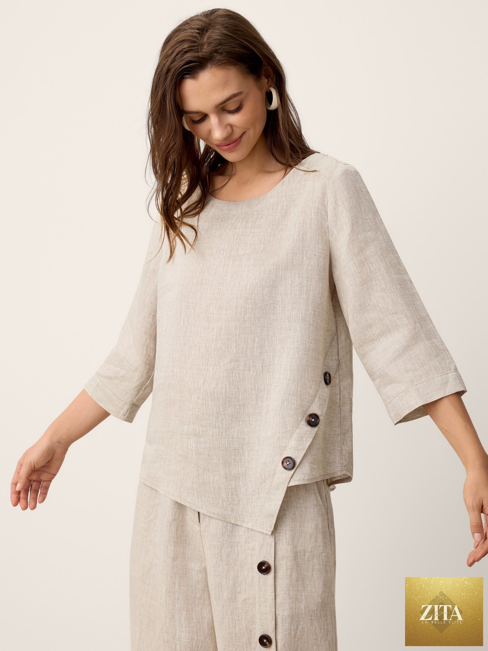 LINTICO 100% linen asymmetric-hem button-trim top in stone oat color, stylish and lightweight for casual wear.