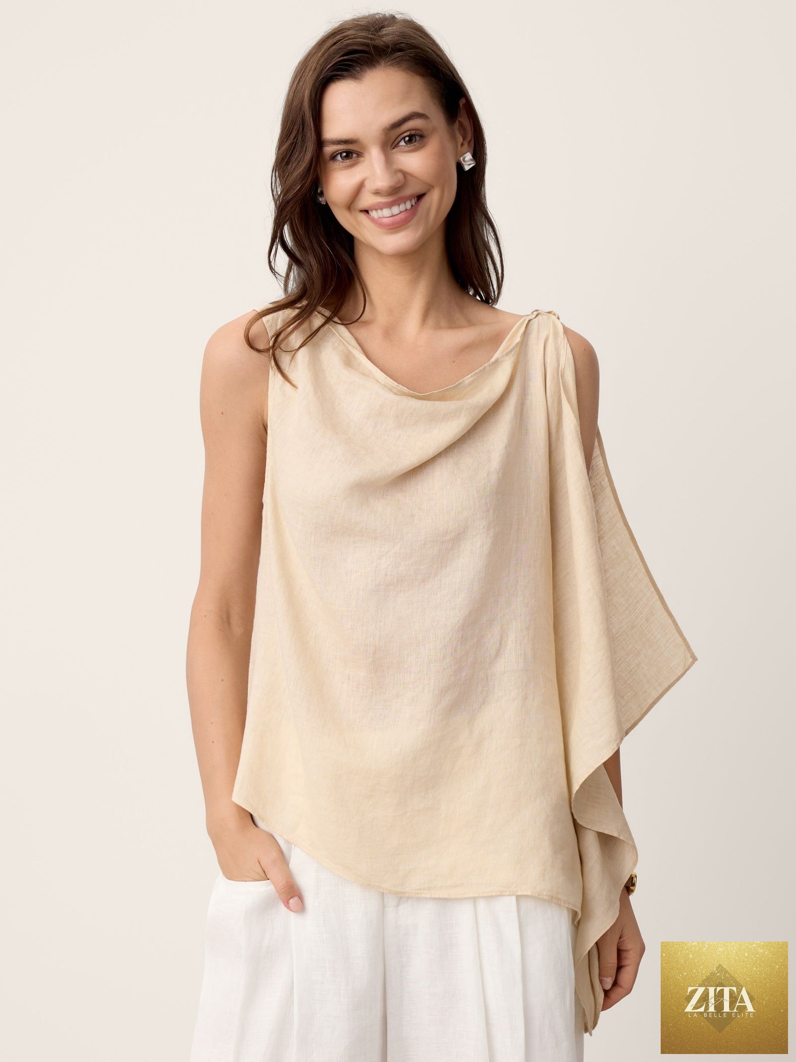 LINTICO 100% linen cowl-neck asymmetric top in pale ecru, stylish blouse with draped neckline and relaxed fit.