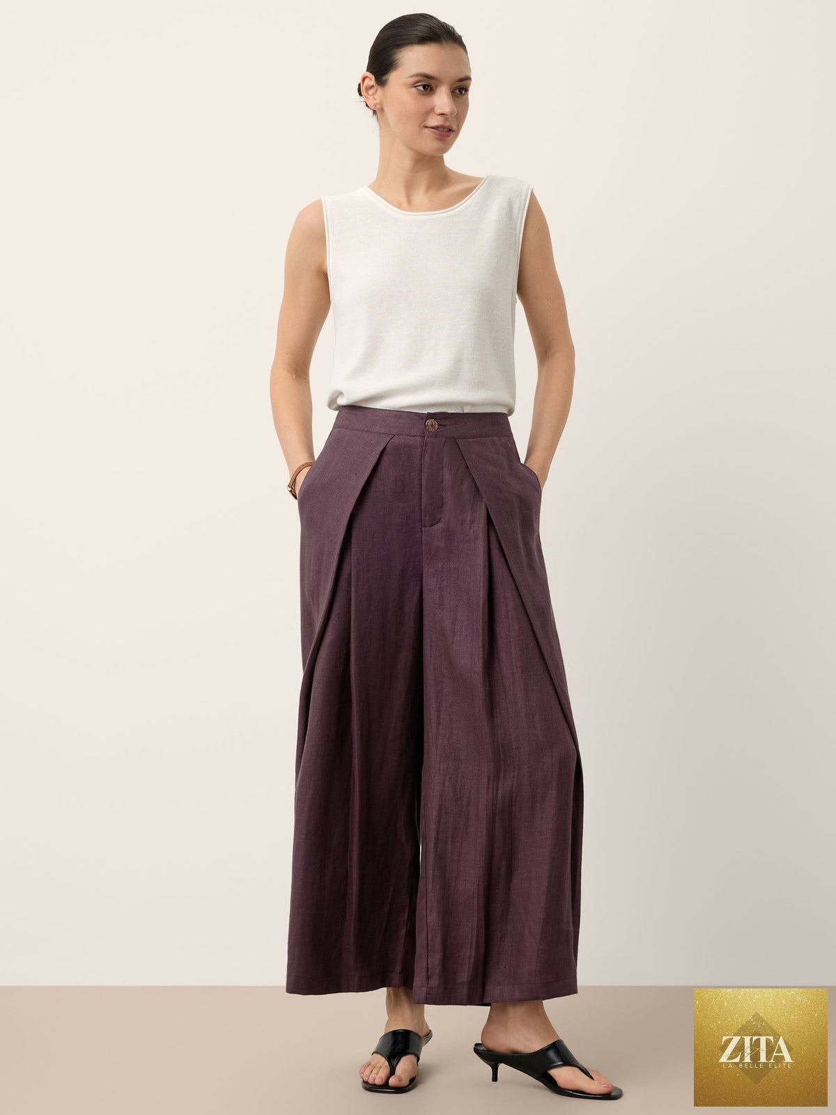 100% Linen Yarn Dyed Pleated Wide Leg Culottes PALOMA