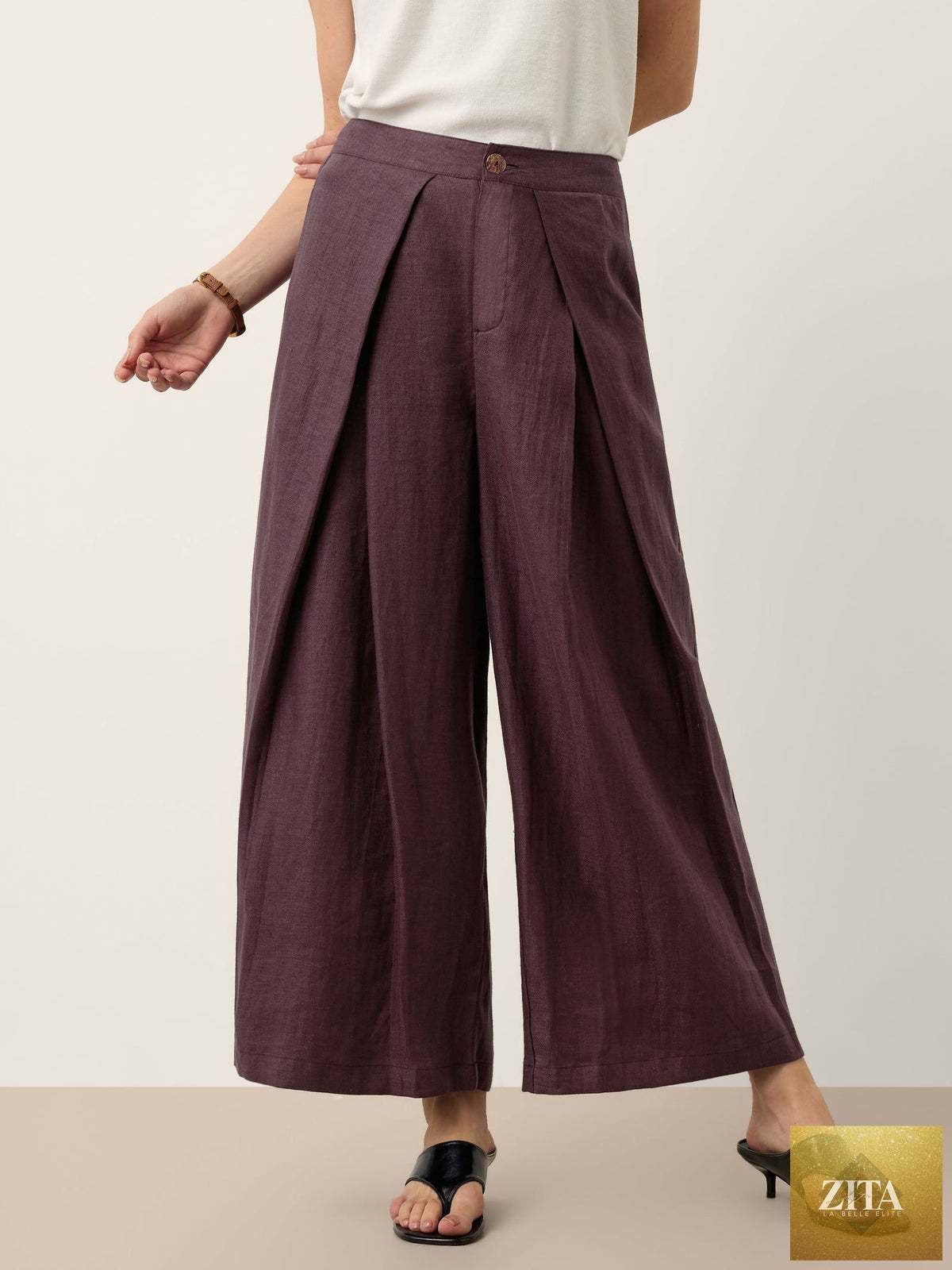 100% Linen Yarn Dyed Pleated Wide Leg Culottes PALOMA