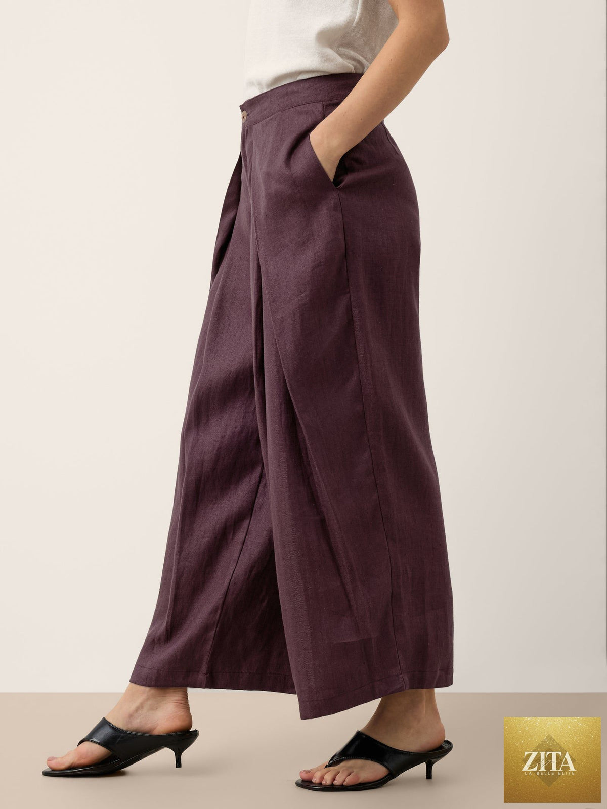 100% Linen Yarn Dyed Pleated Wide Leg Culottes PALOMA
