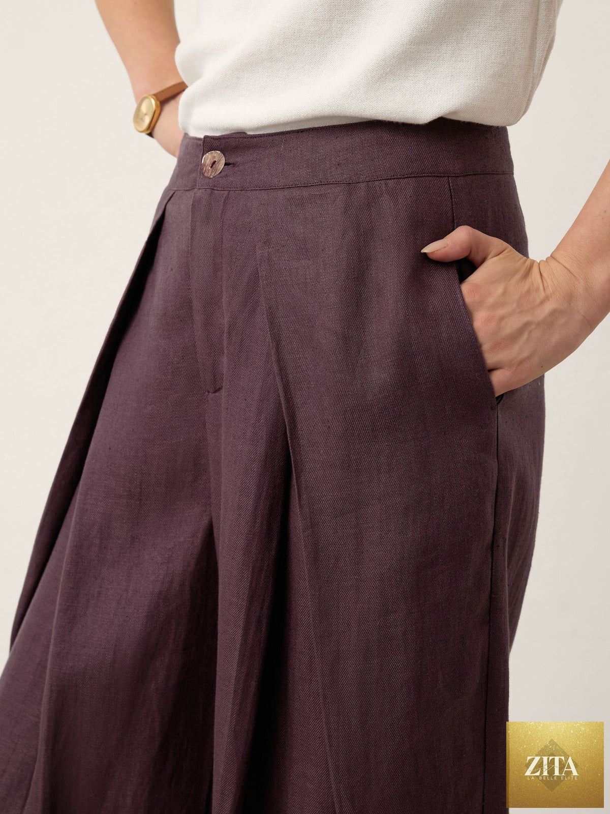 100% Linen Yarn Dyed Pleated Wide Leg Culottes PALOMA
