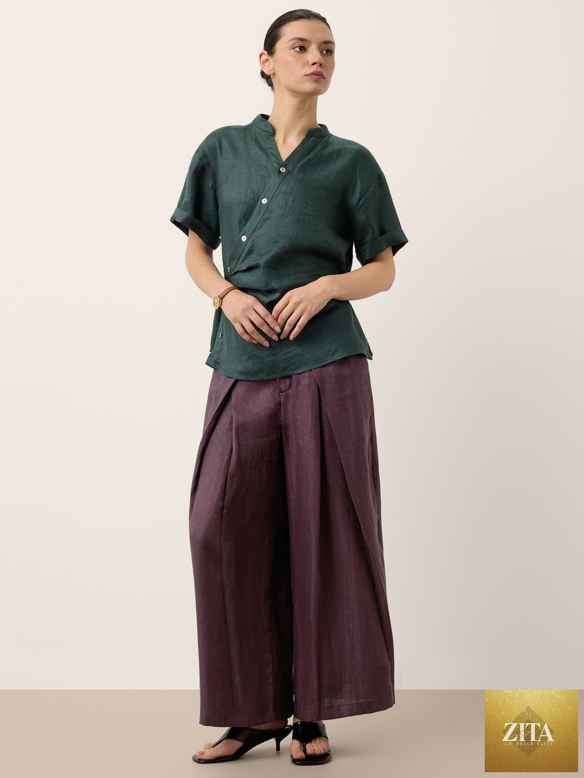 100% Linen Yarn Dyed Pleated Wide Leg Culottes PALOMA