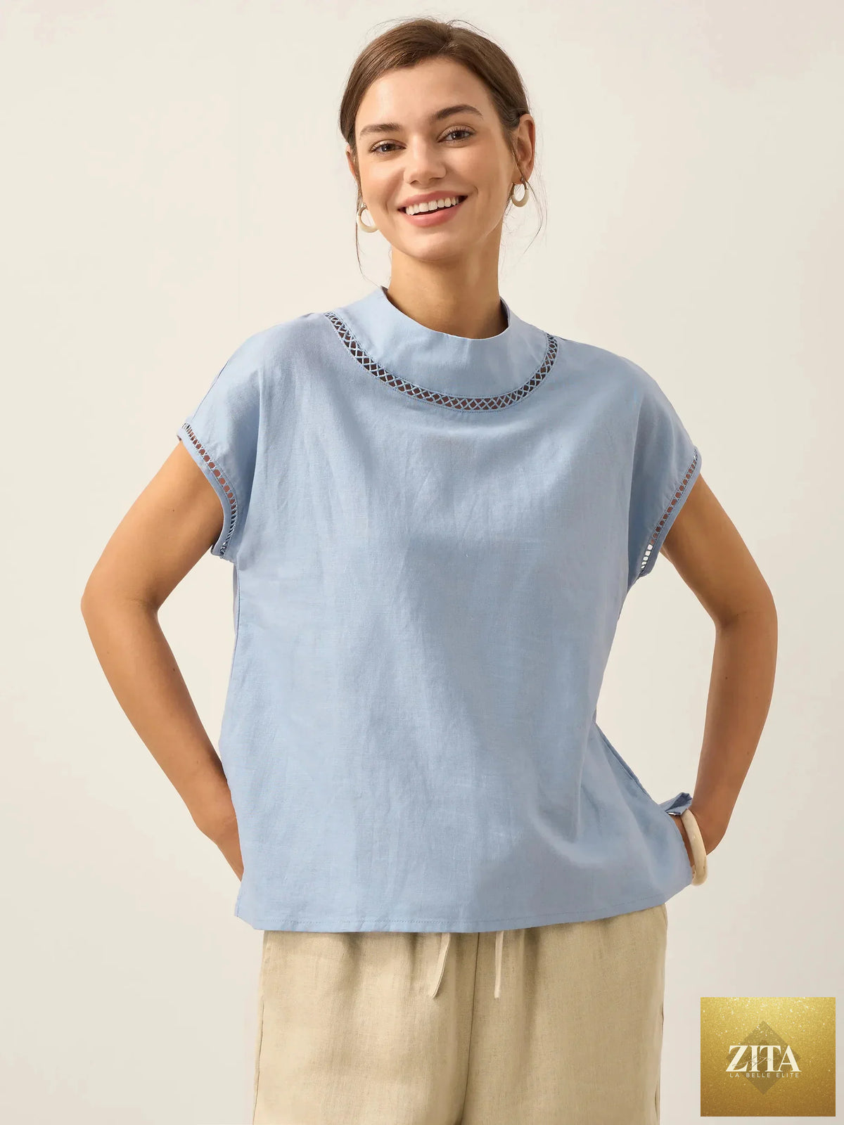 LINTICO 100% linen gingham checked turtleneck top with cutout details, in periwinkle, casual blouse for spring and summer.