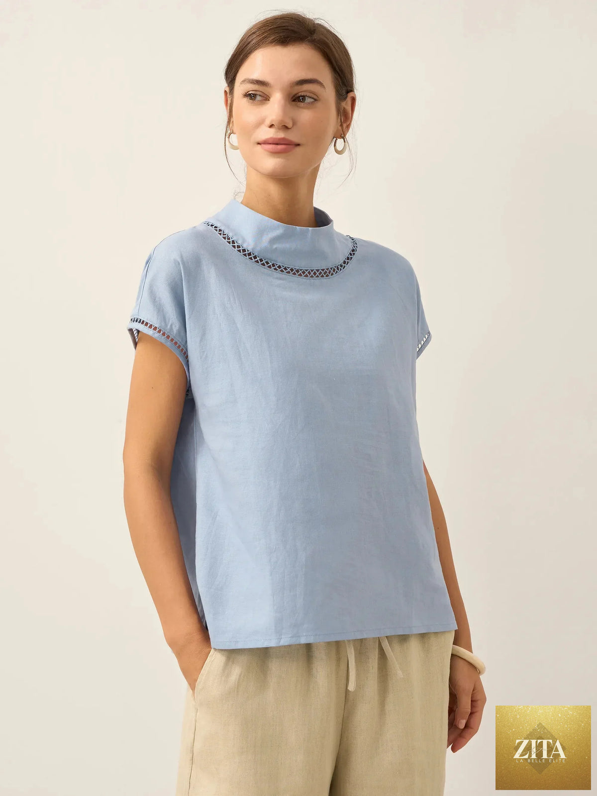 LINTICO 100% linen gingham checked cutout turtleneck top in periwinkle, stylish blouse with a modern design and breathable fabric.