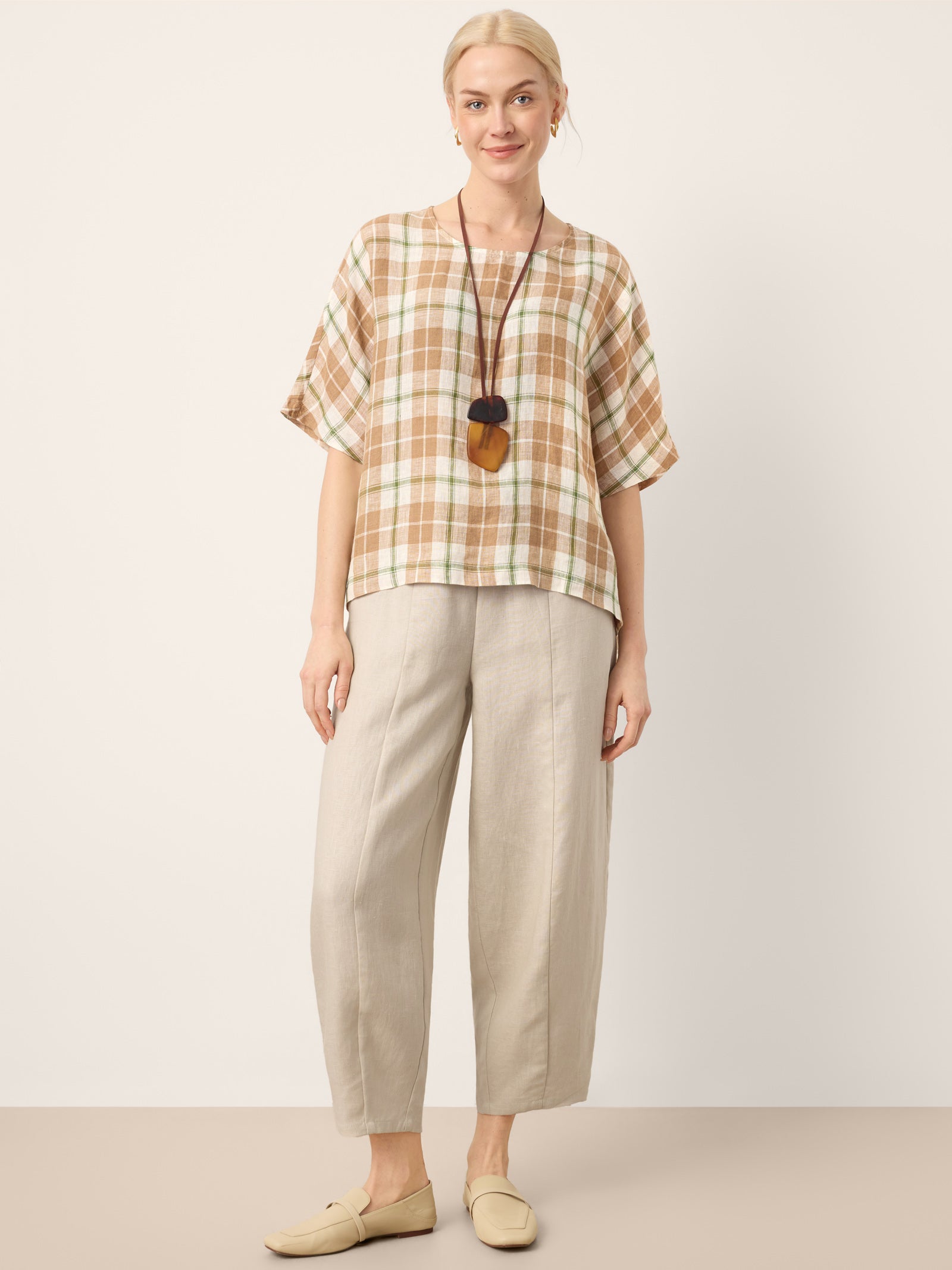 100% Linen Plaid Drop Shoulder Side Slit Top LORNA