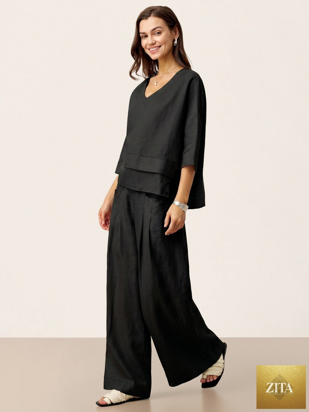 100% Linen Sculpted Pleat Elasticated Back Relaxed Pants VERIDIANA