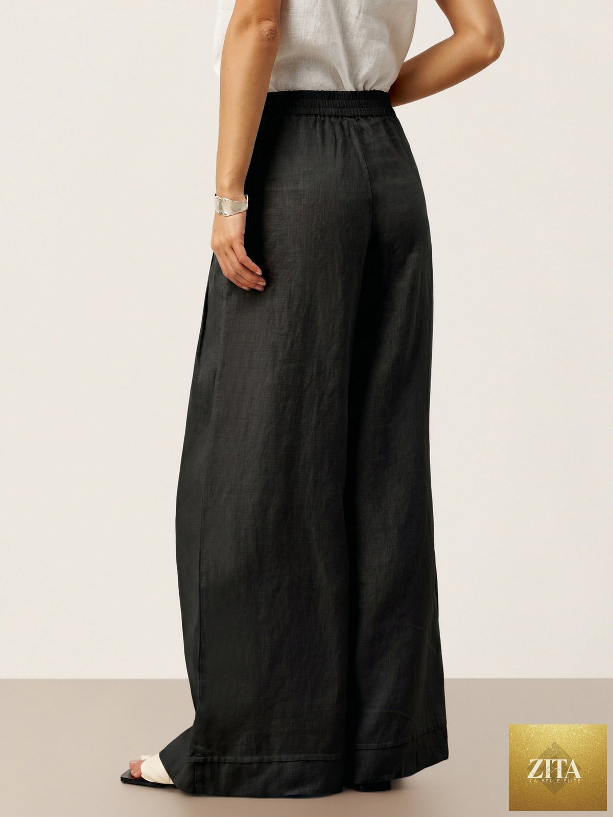100% Linen Sculpted Pleat Elasticated Back Relaxed Pants VERIDIANA