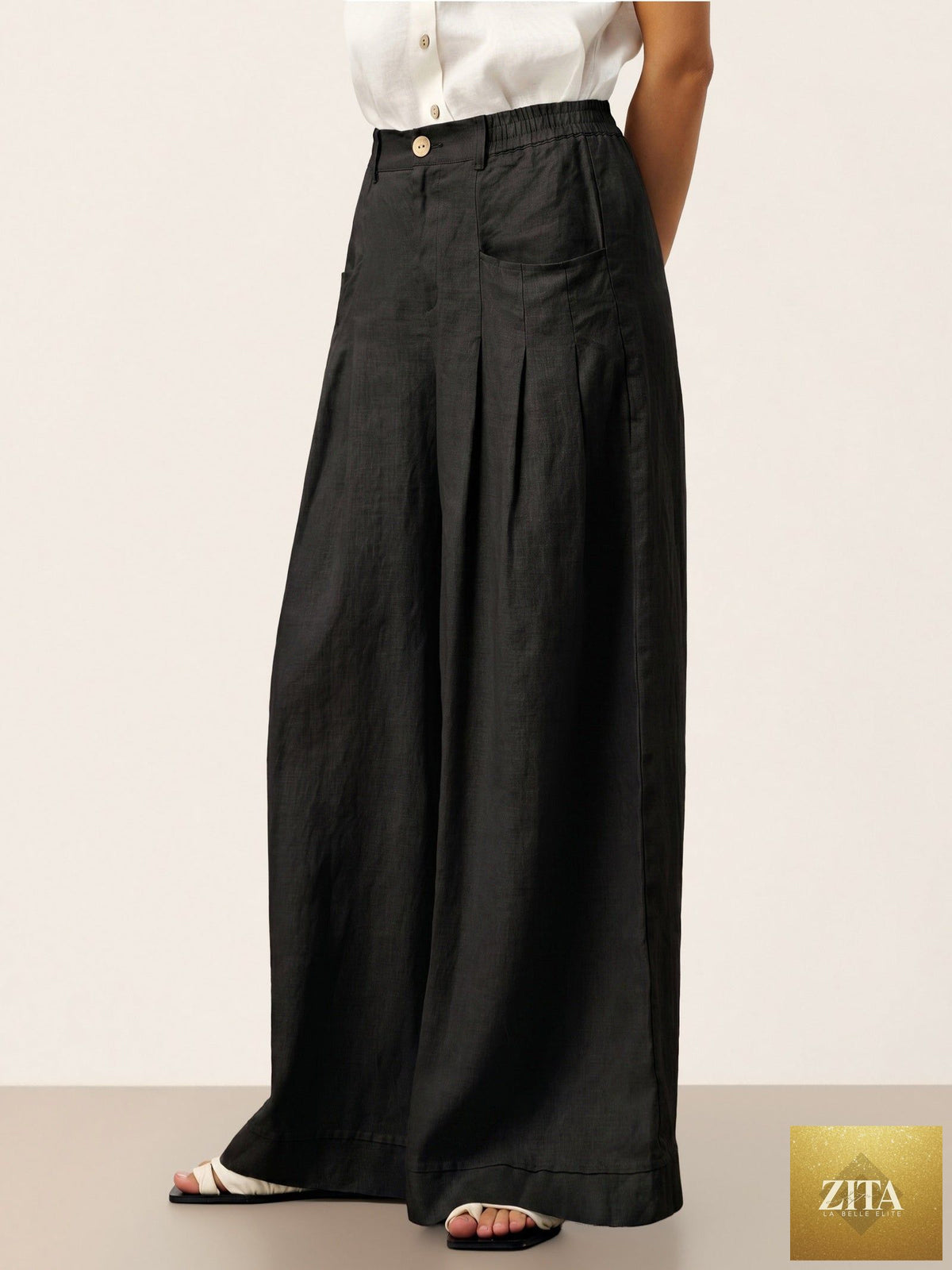 100% Linen Sculpted Pleat Elasticated Back Relaxed Pants VERIDIANA