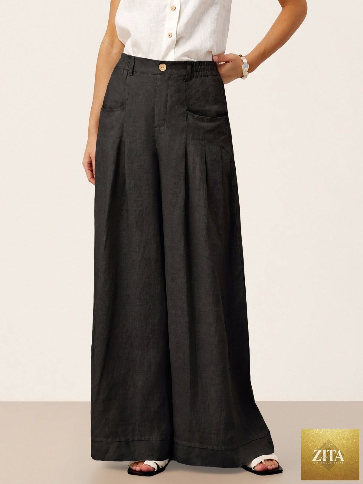 100% Linen Sculpted Pleat Elasticated Back Relaxed Pants VERIDIANA