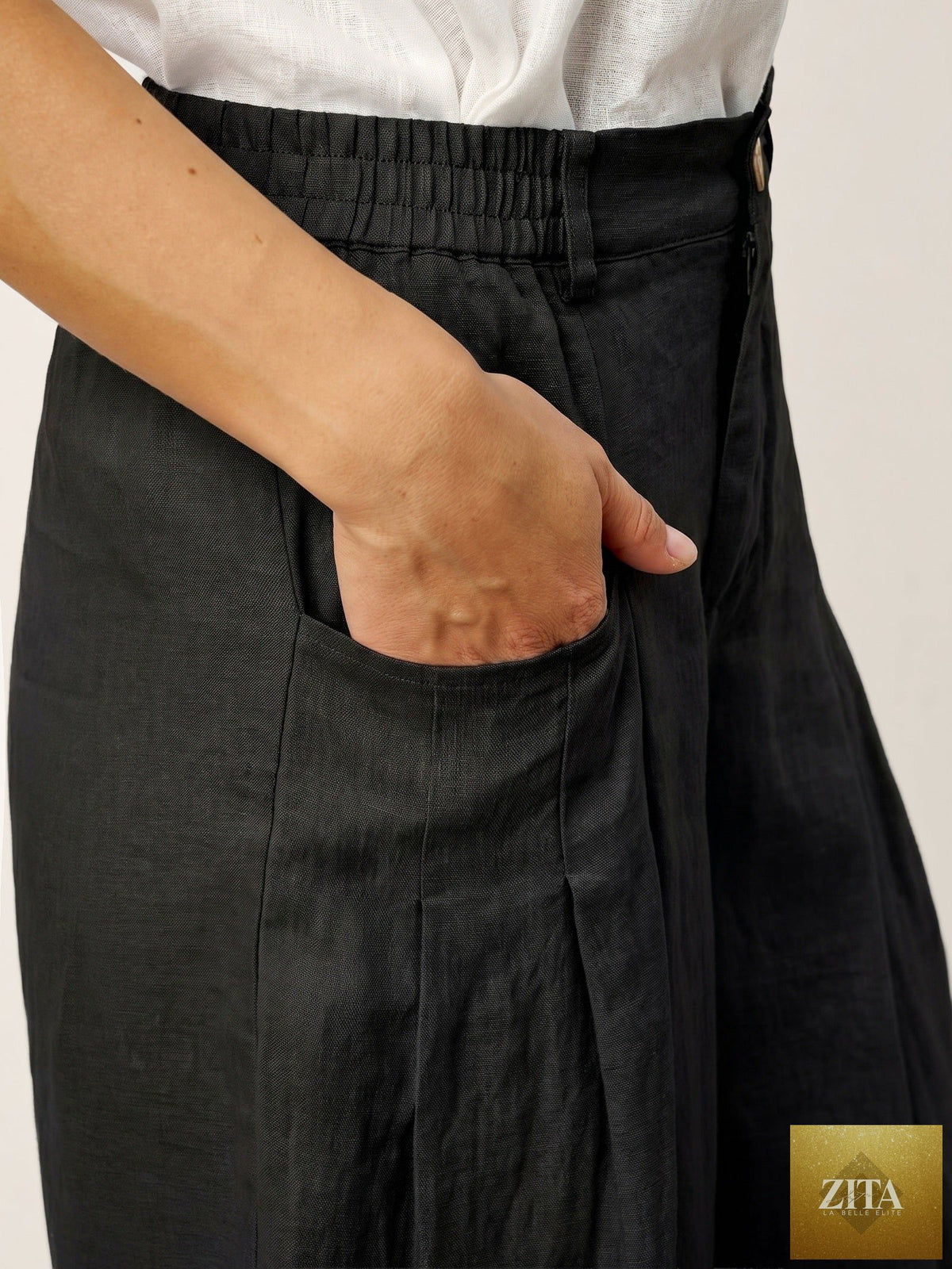100% Linen Sculpted Pleat Elasticated Back Relaxed Pants VERIDIANA