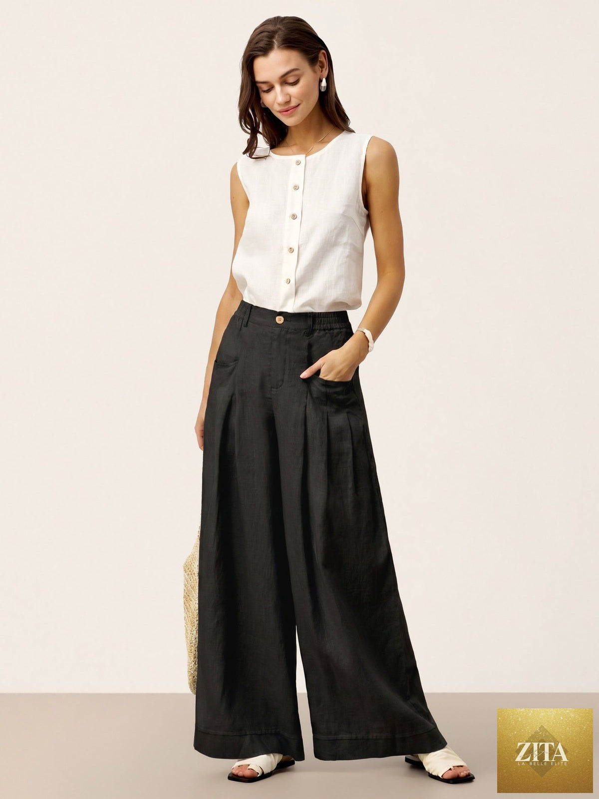 100% Linen Sculpted Pleat Elasticated Back Relaxed Pants VERIDIANA