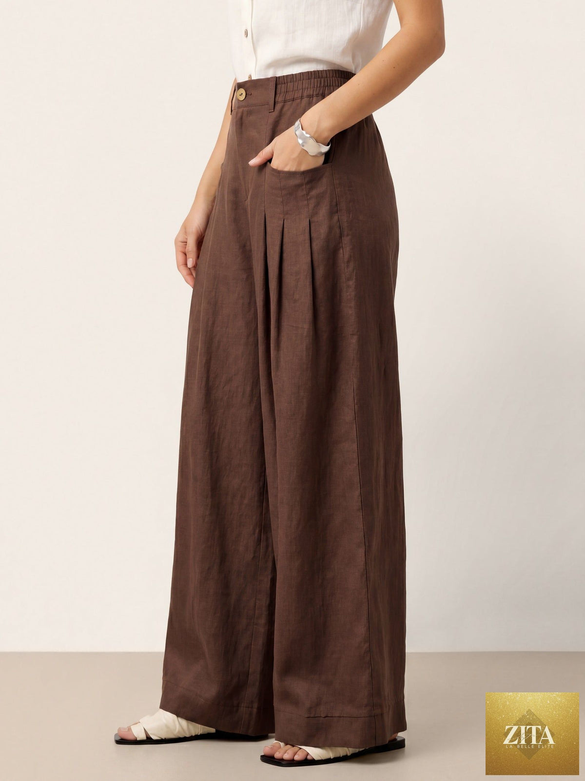 100% Linen Sculpted Pleat Elasticated Back Relaxed Pants VERIDIANA
