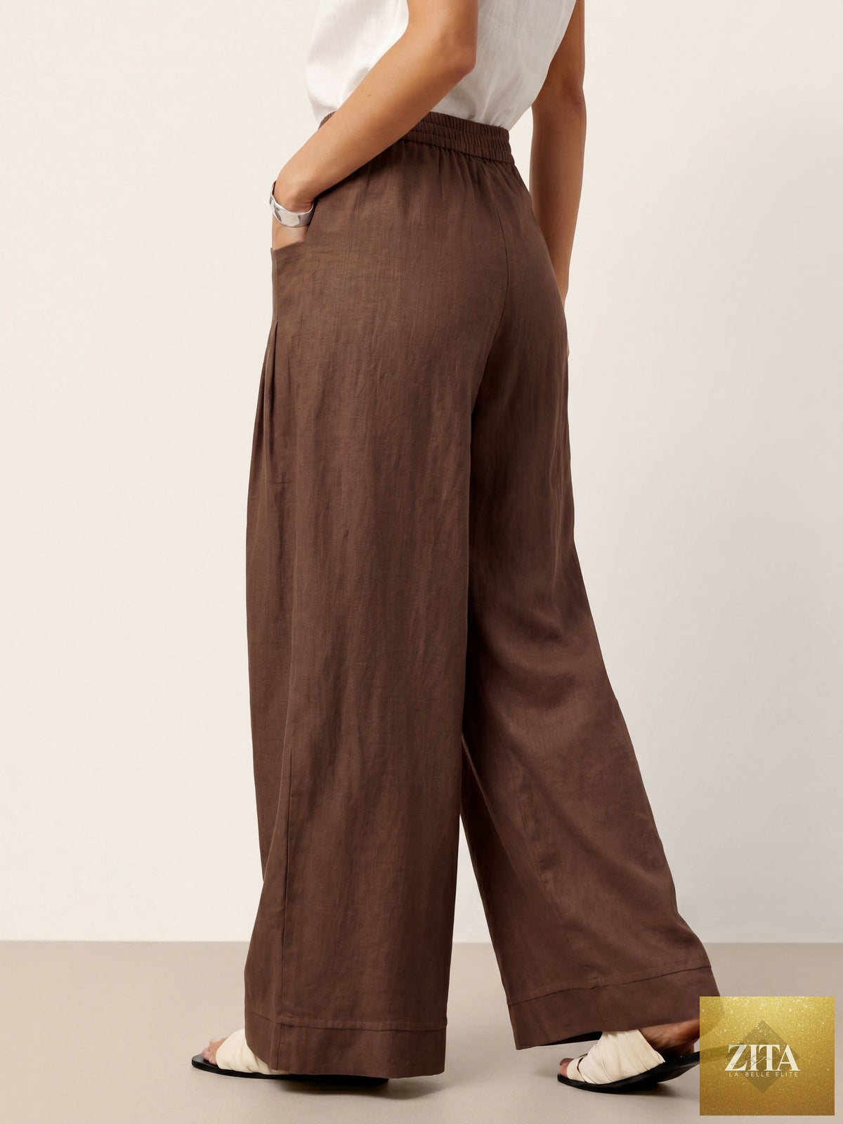 100% Linen Sculpted Pleat Elasticated Back Relaxed Pants VERIDIANA