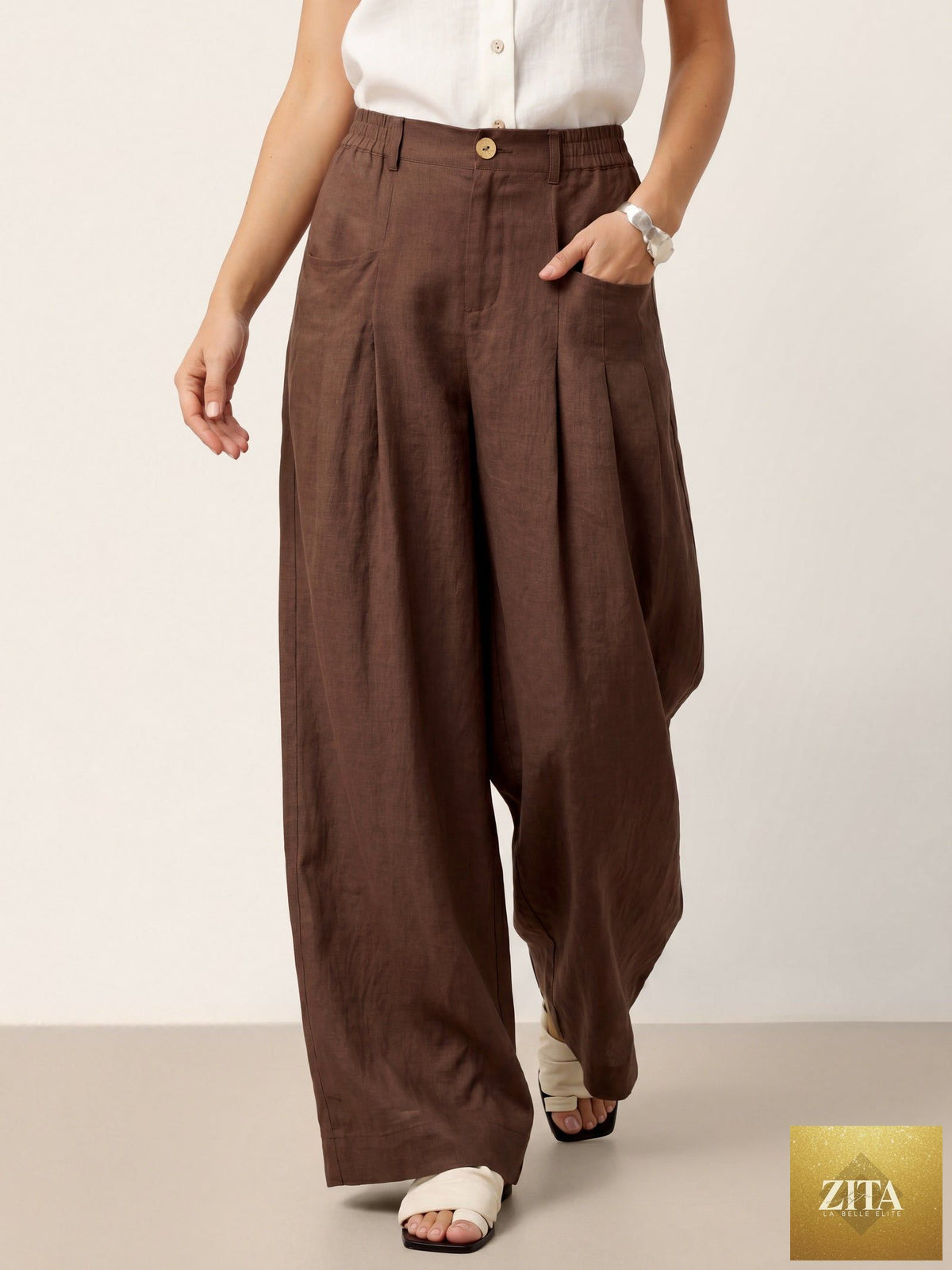 100% Linen Sculpted Pleat Elasticated Back Relaxed Pants VERIDIANA