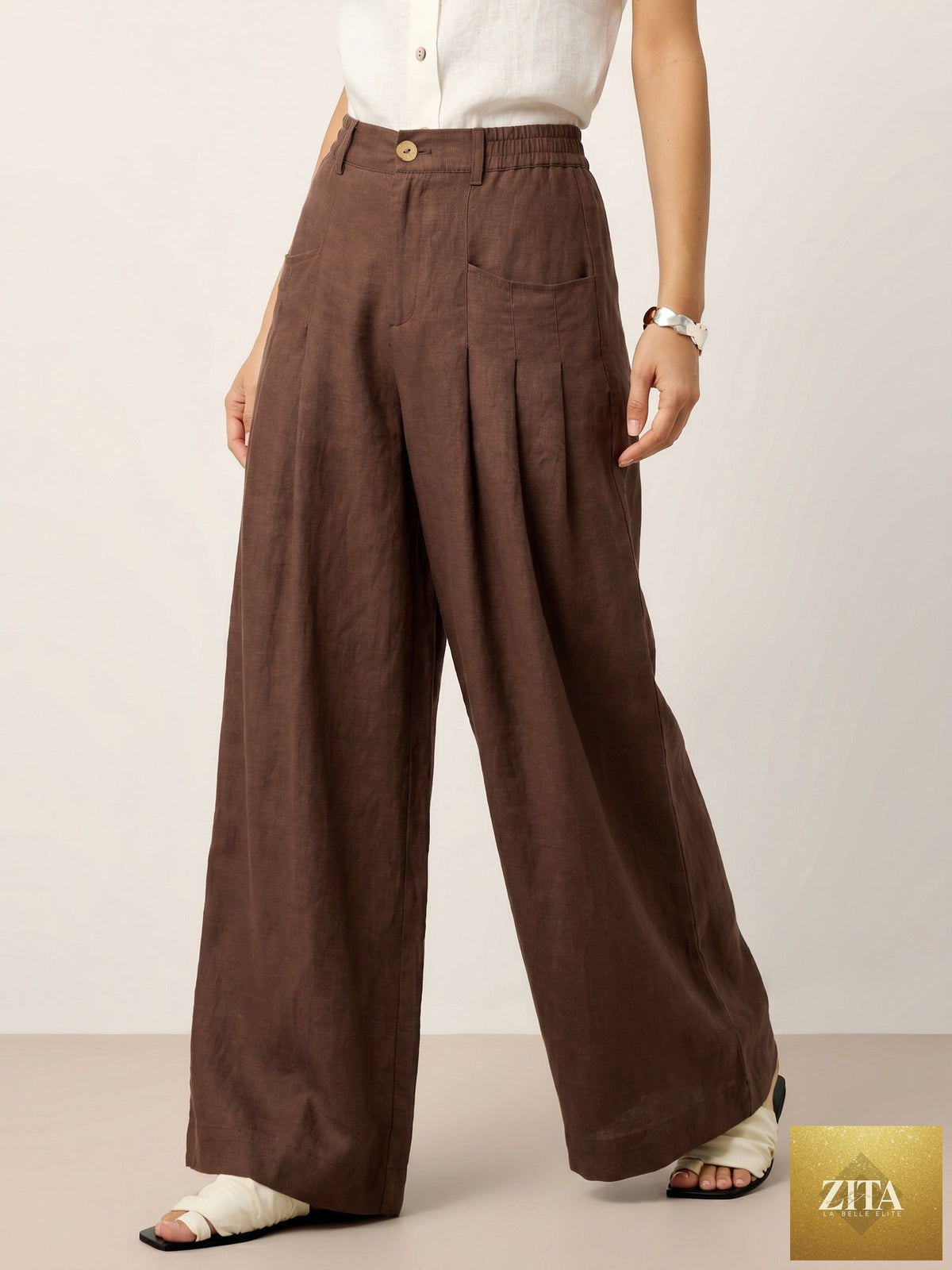 100% Linen Sculpted Pleat Elasticated Back Relaxed Pants VERIDIANA