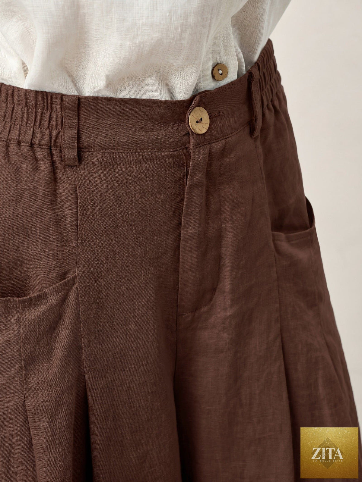 100% Linen Sculpted Pleat Elasticated Back Relaxed Pants VERIDIANA