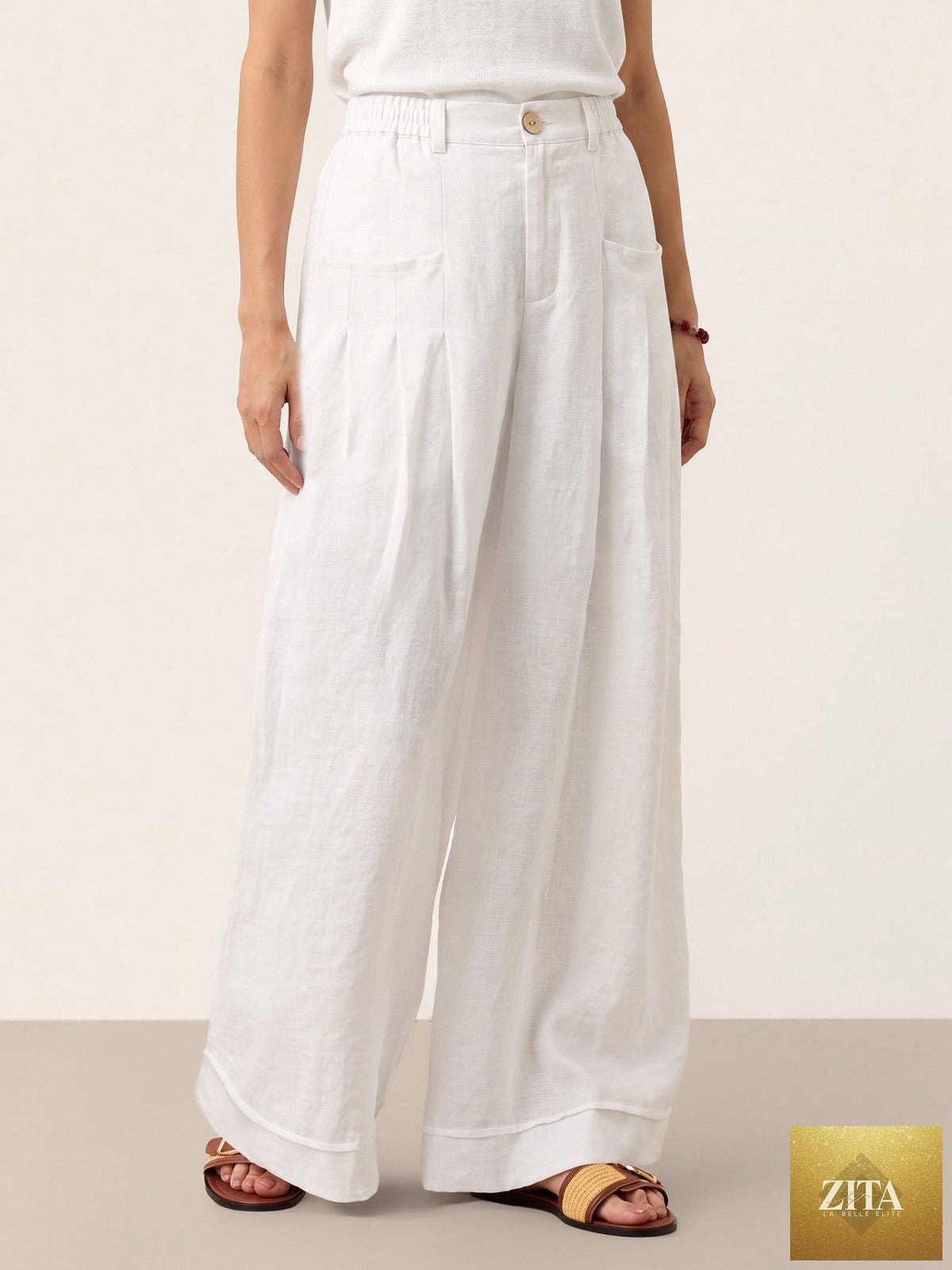 100% Linen Sculpted Pleat Elasticated Back Relaxed Pants VERIDIANA