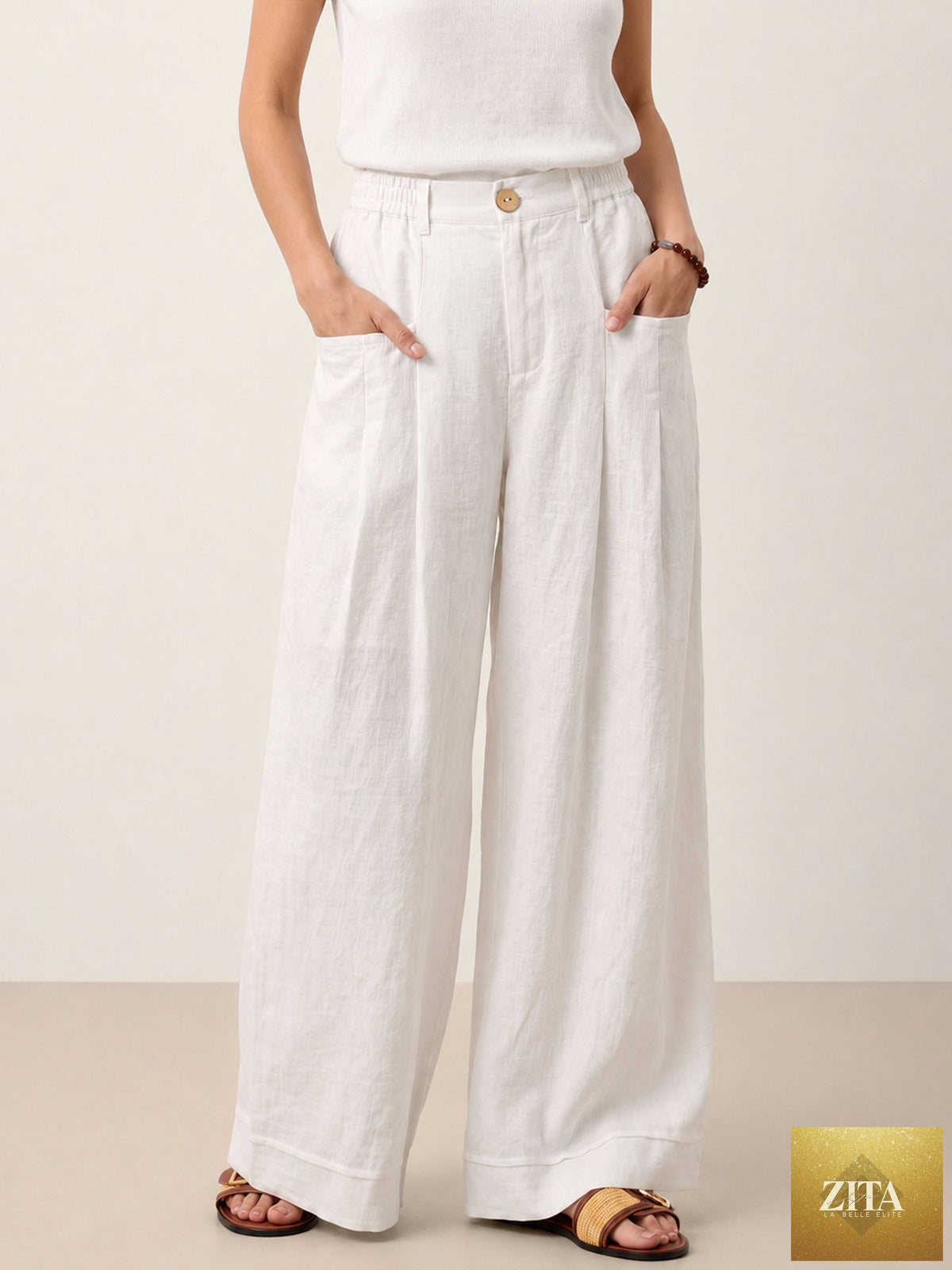 100% Linen Sculpted Pleat Elasticated Back Relaxed Pants VERIDIANA