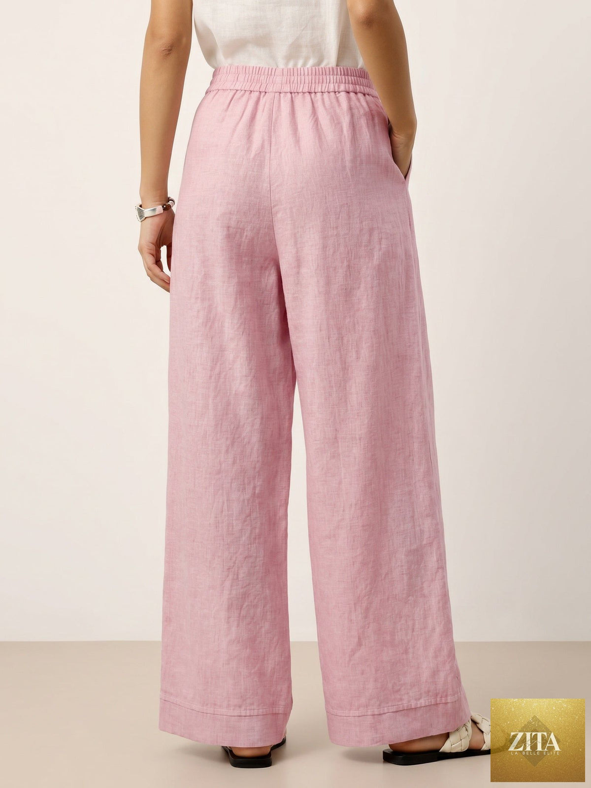 100% Linen Sculpted Pleat Elasticated Back Relaxed Pants VERIDIANA