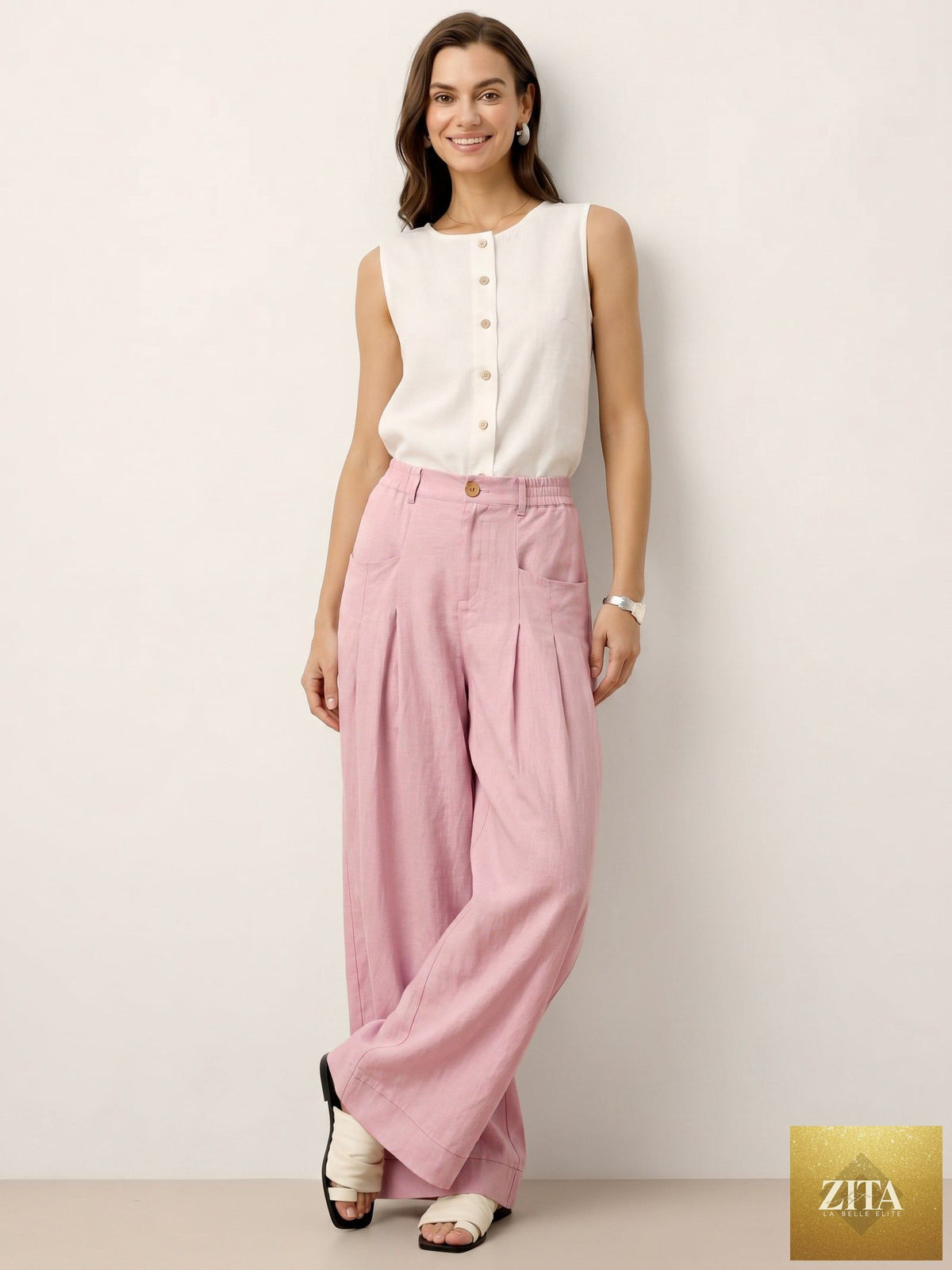 100% Linen Sculpted Pleat Elasticated Back Relaxed Pants VERIDIANA