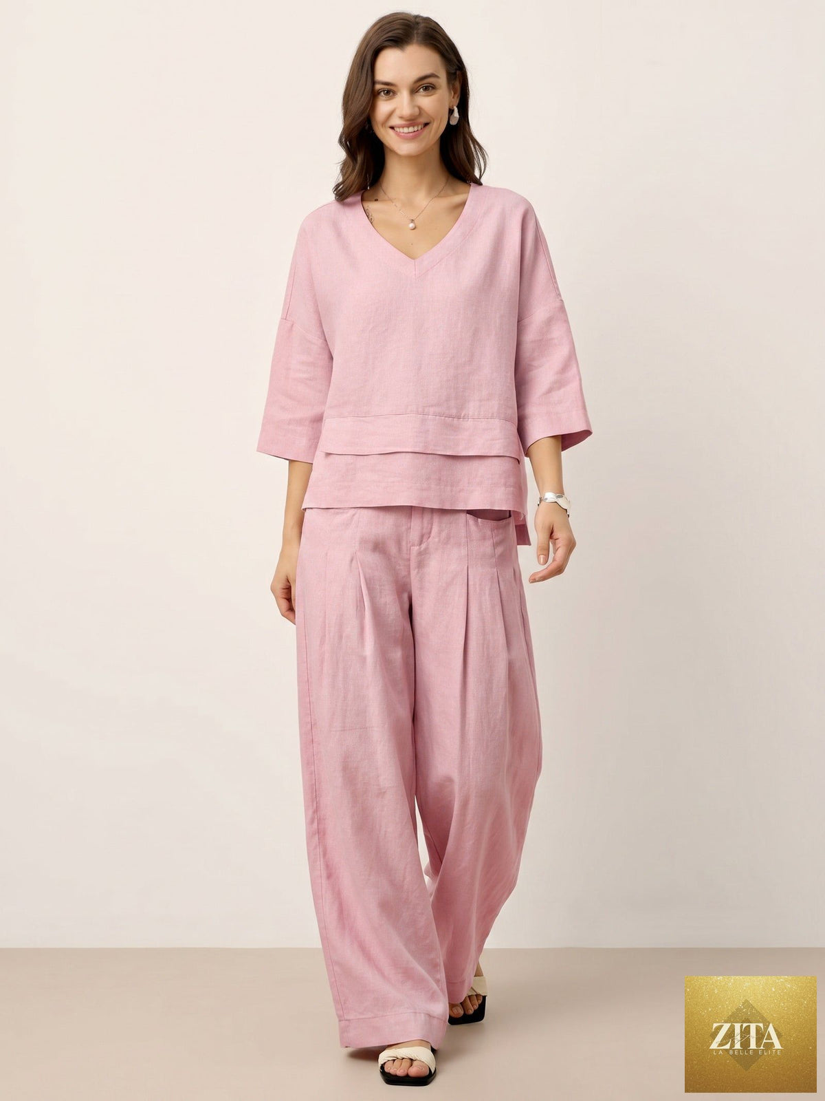 100% Linen Sculpted Pleat Elasticated Back Relaxed Pants VERIDIANA