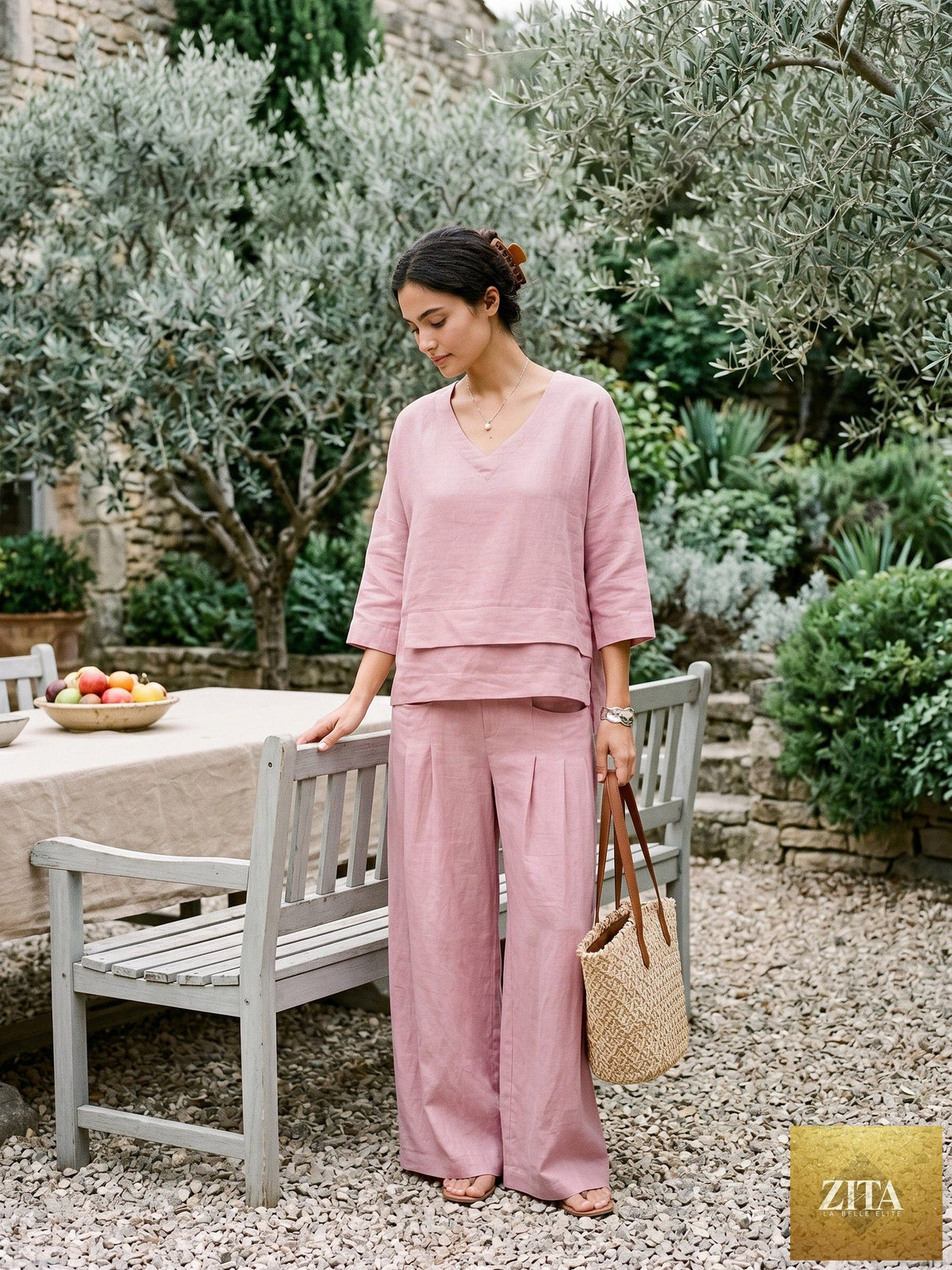 100% Linen Sculpted Pleat Elasticated Back Relaxed Pants VERIDIANA