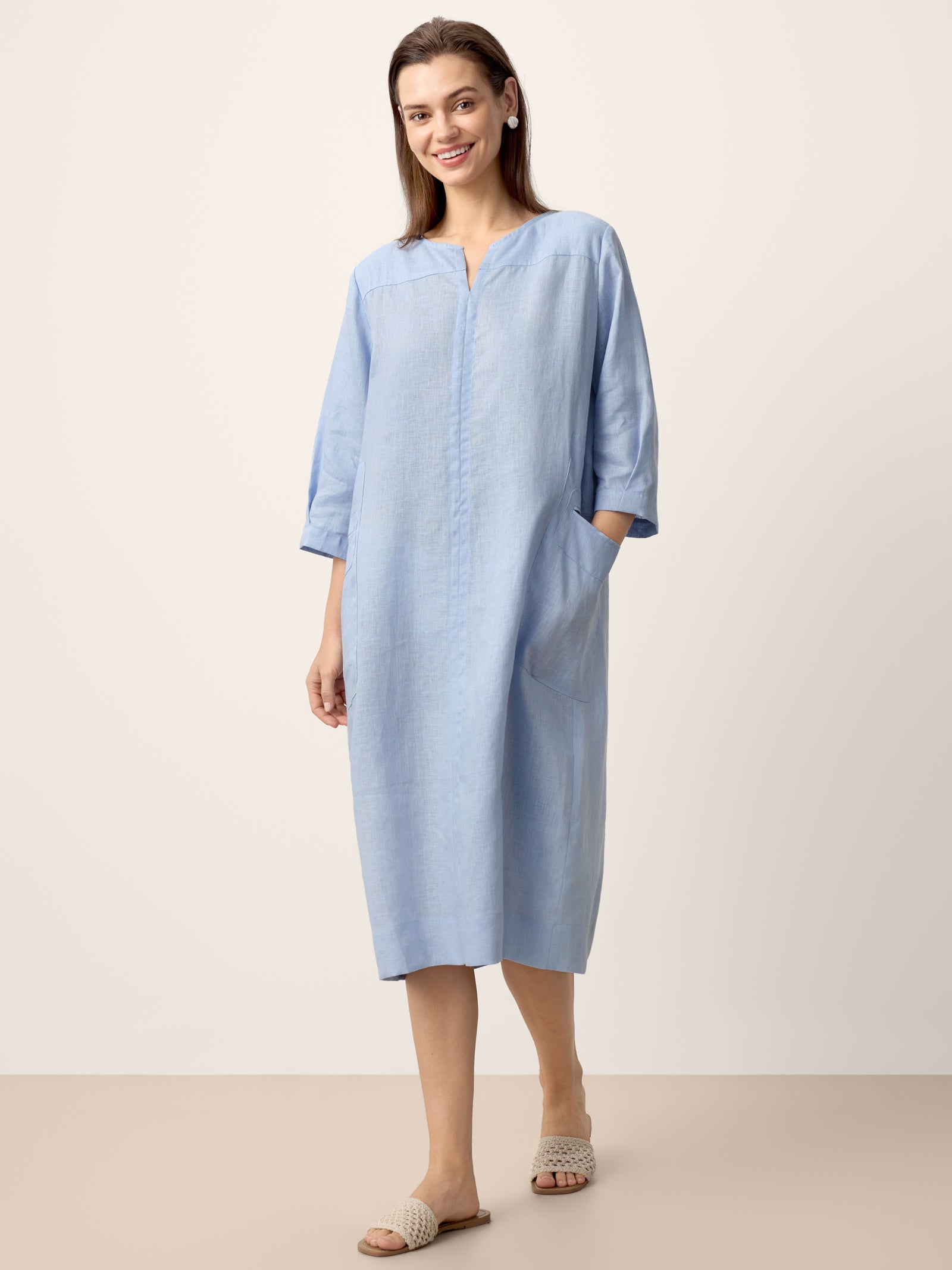 100% Linen Split-Neck Patch-Pocket Midi Dress KALINA