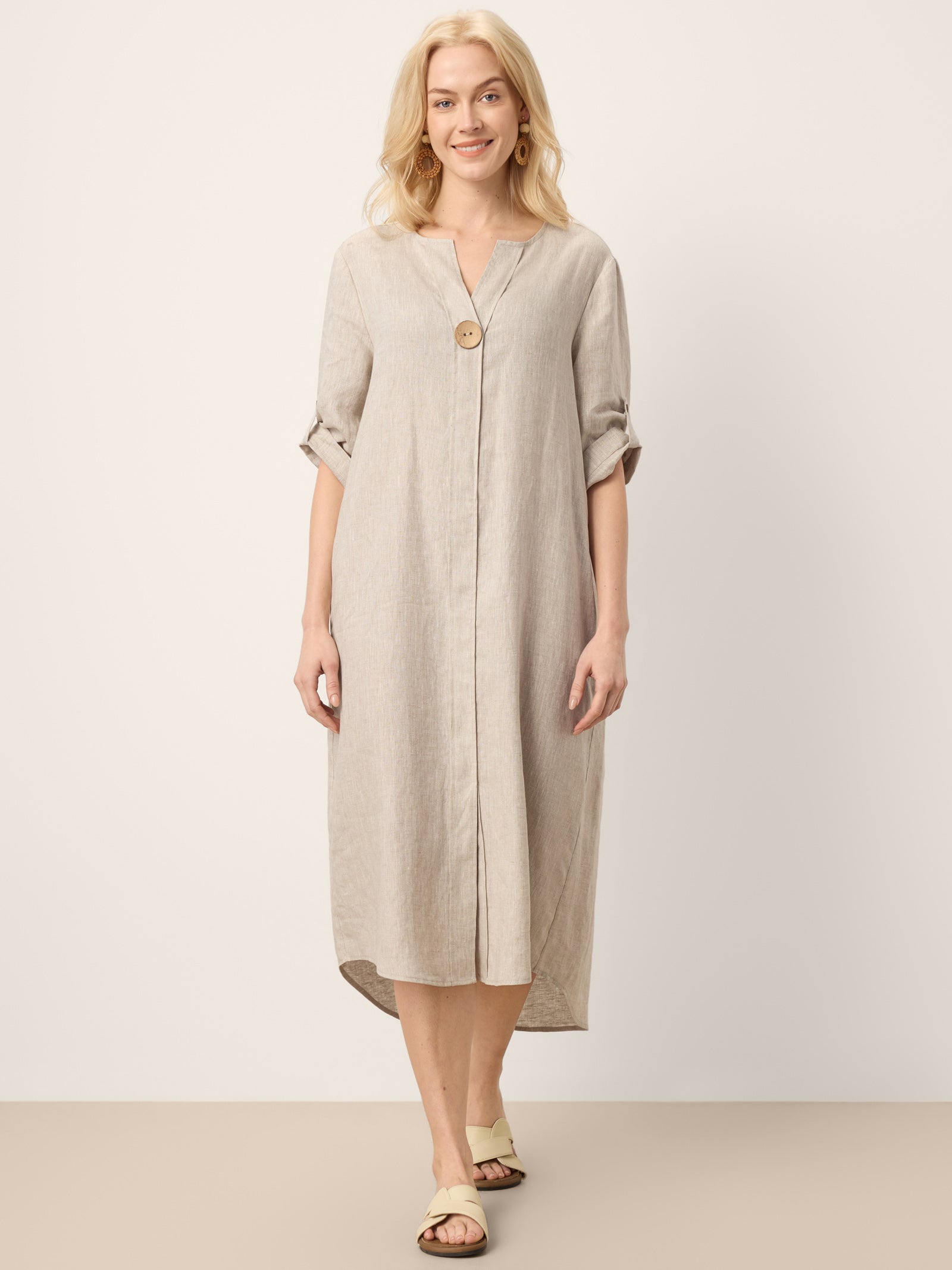 100% Linen Stand Collar V-Slit Tab Sleeve Maxi Dress LEORA
