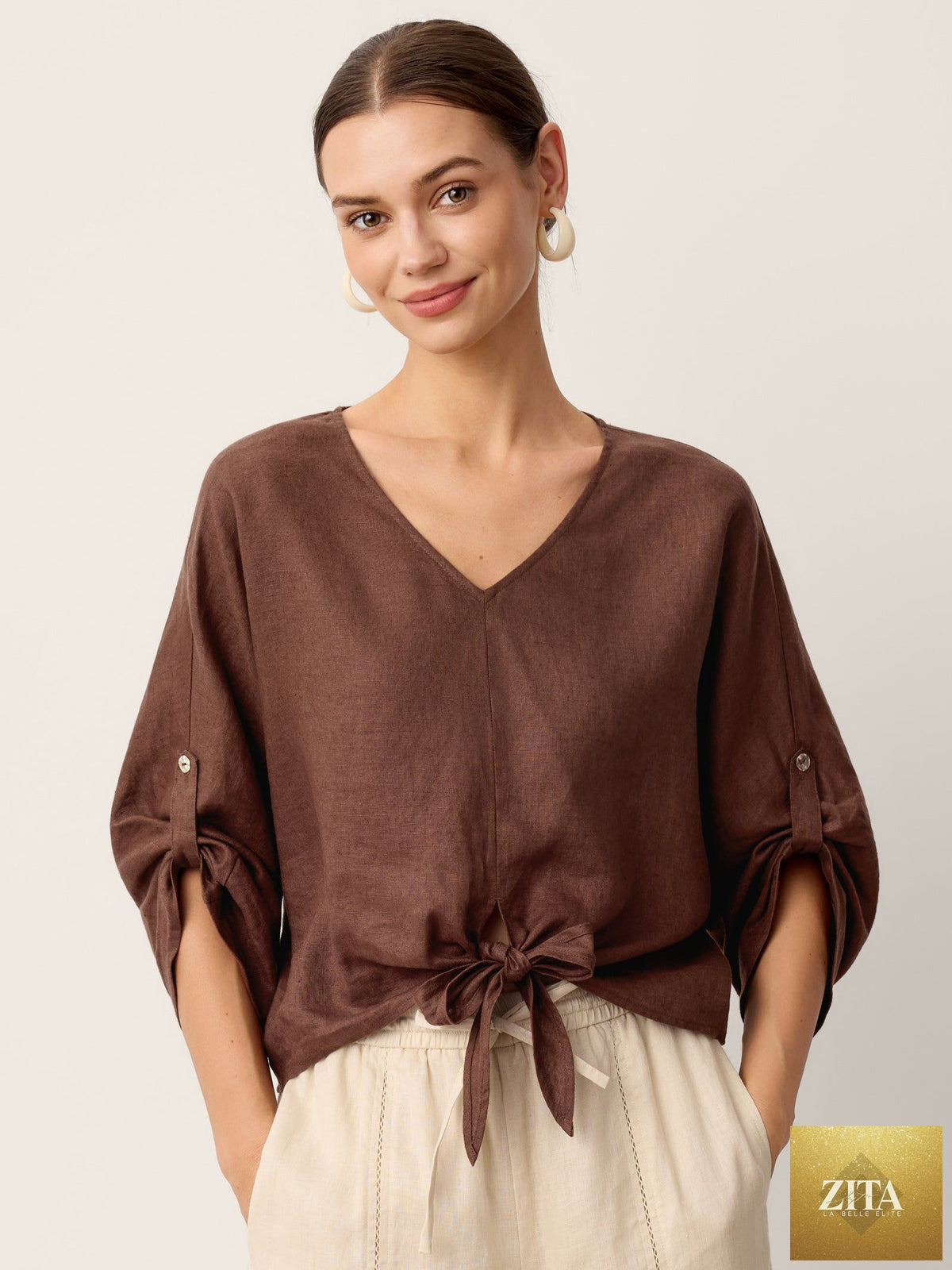 LINTICO Linen twist-hem batwing top in espresso brown, casual sleeveless blouse with relaxed fit and stylish design.
