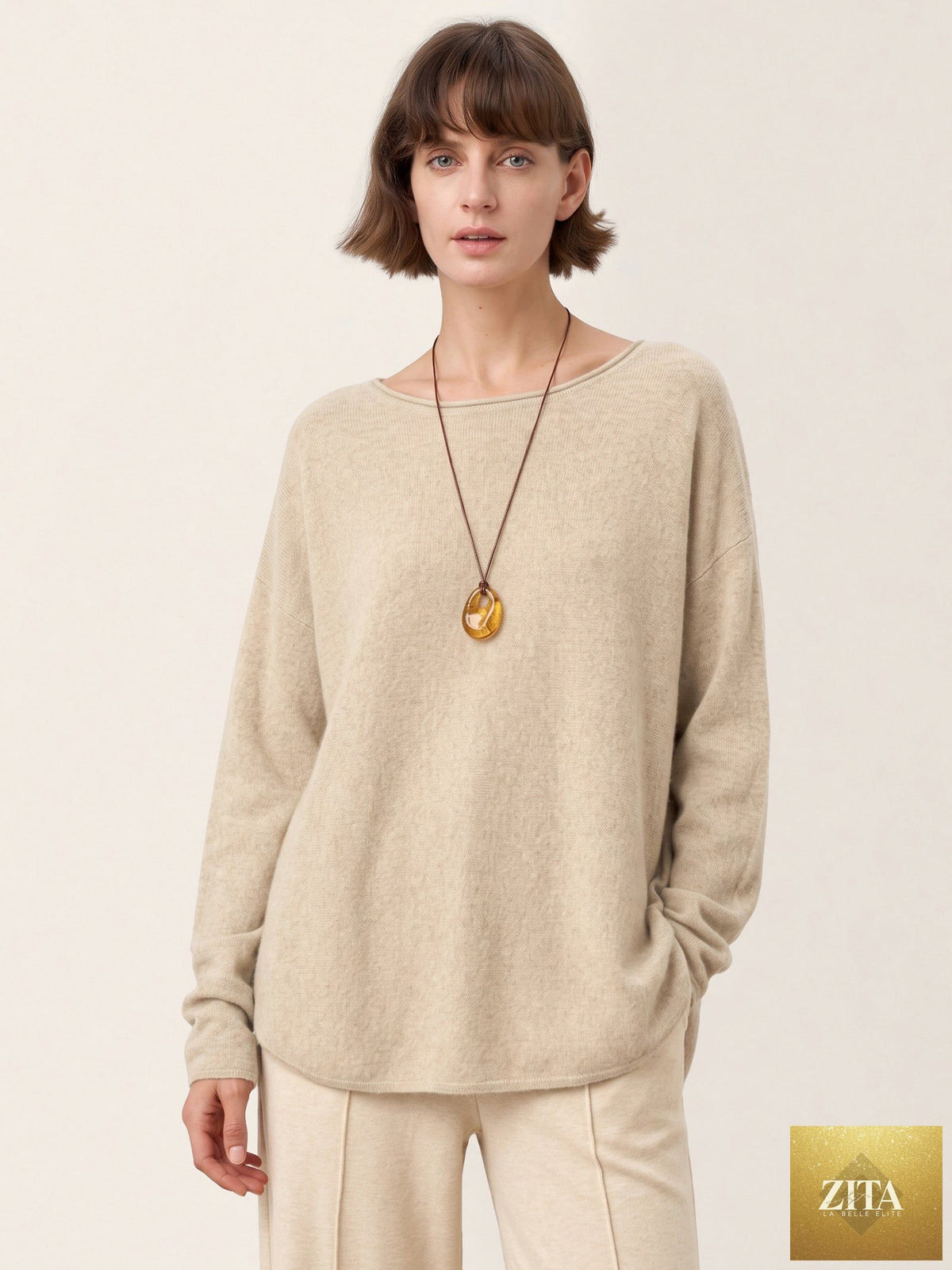 100% Mongolian Cashmere Hand-Finished Rolled Edge Knit Top AMARA