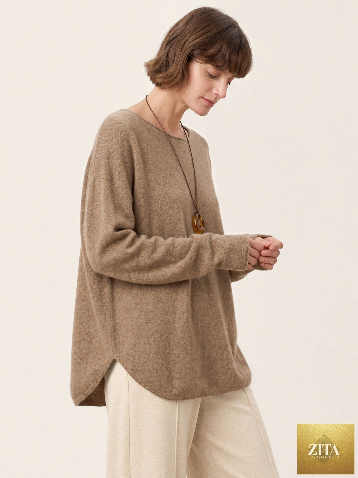 100% Mongolian Cashmere Hand-Finished Rolled Edge Knit Top AMARA