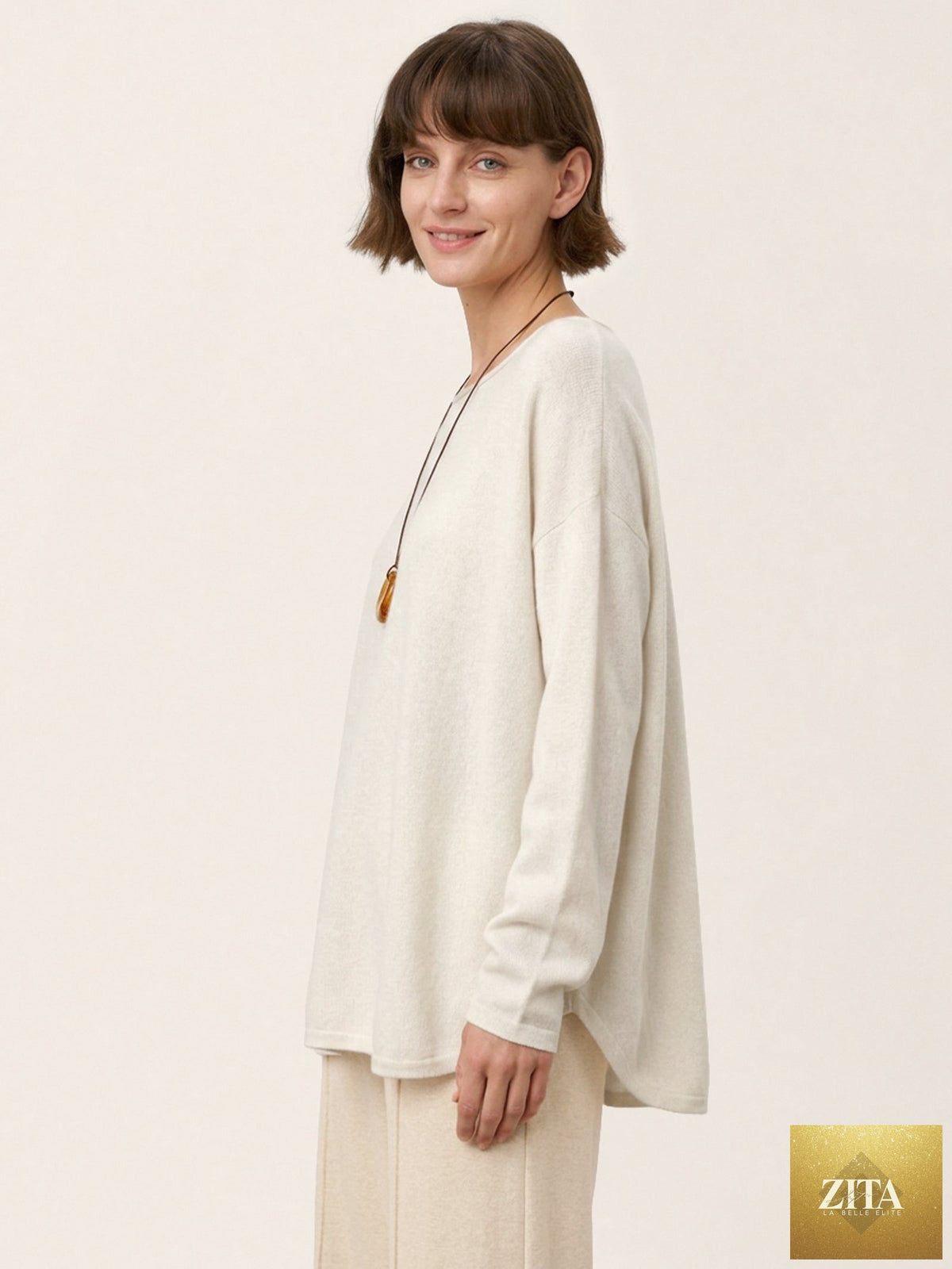 100% Mongolian Cashmere Hand-Finished Rolled Edge Knit Top AMARA