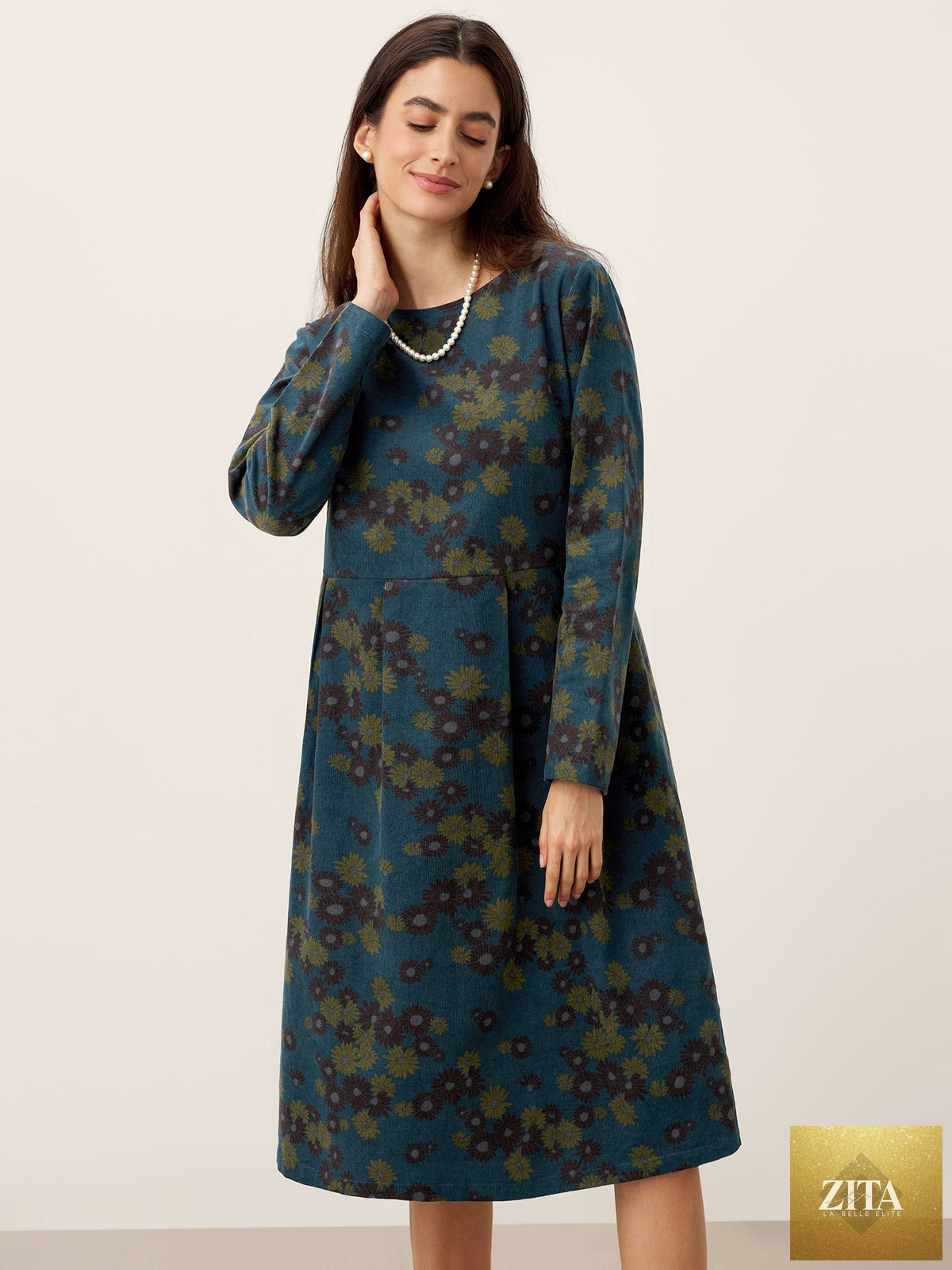 100% Organic Cotton Ruched Print Boat Neck Midi Dress CRESSIDA