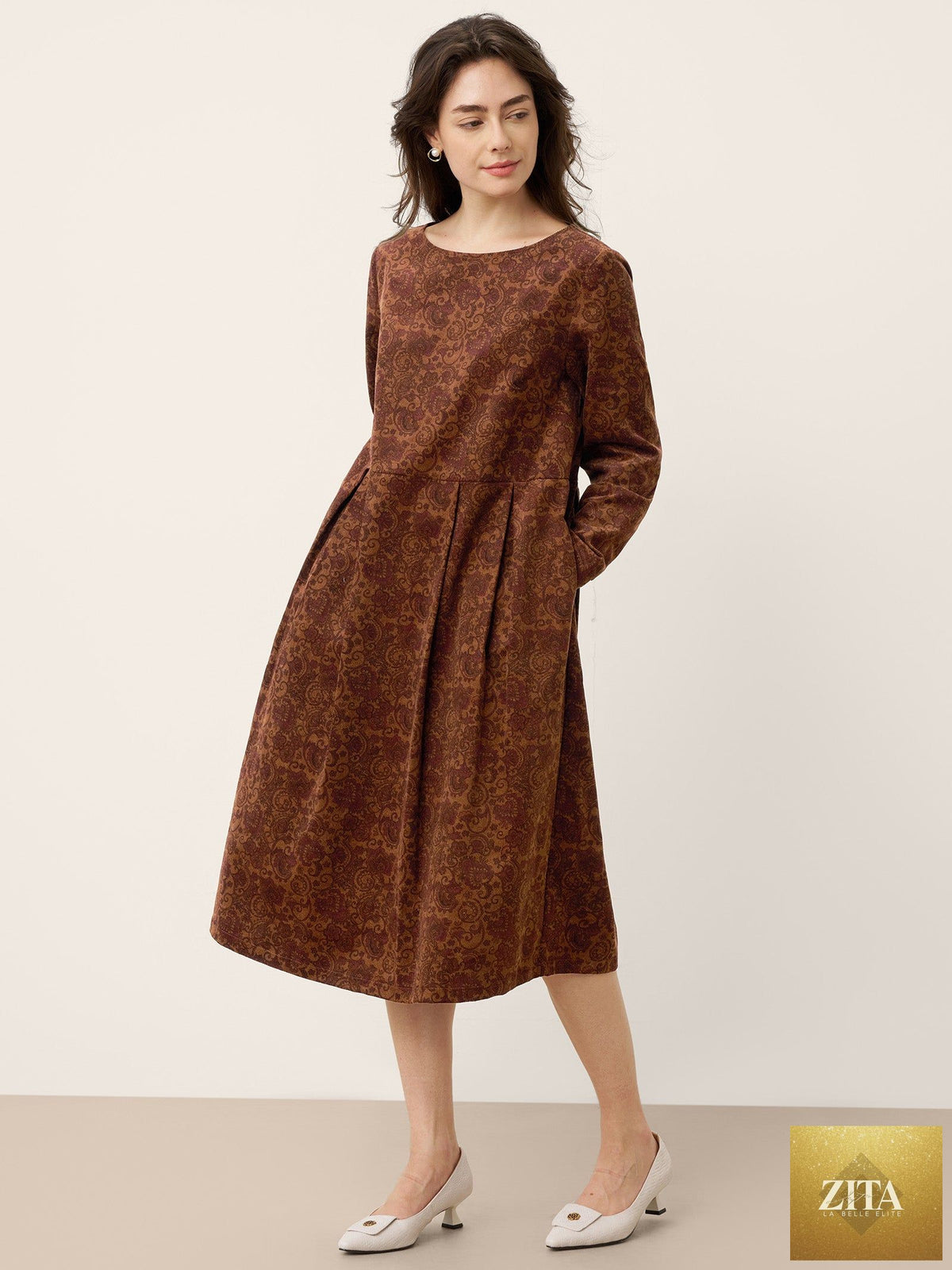 100% Organic Cotton Ruched Print Boat Neck Midi Dress CRESSIDA