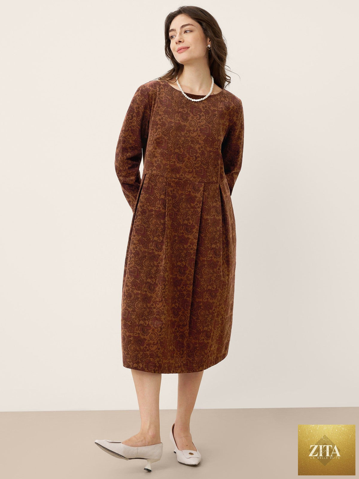 100% Organic Cotton Ruched Print Boat Neck Midi Dress CRESSIDA