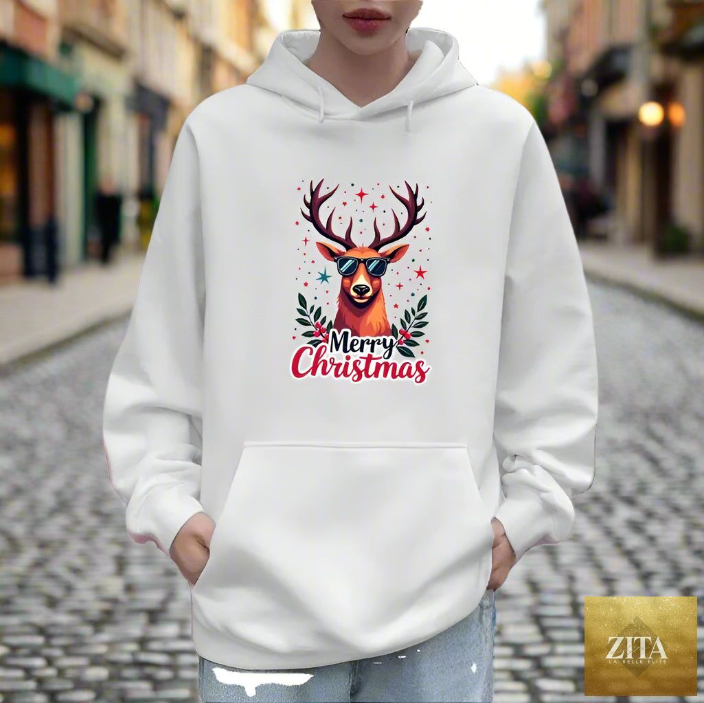 Unisex Christmas hoodie by FitiqueFit featuring festive holiday print, cozy streetwear sweatshirt for holiday season.